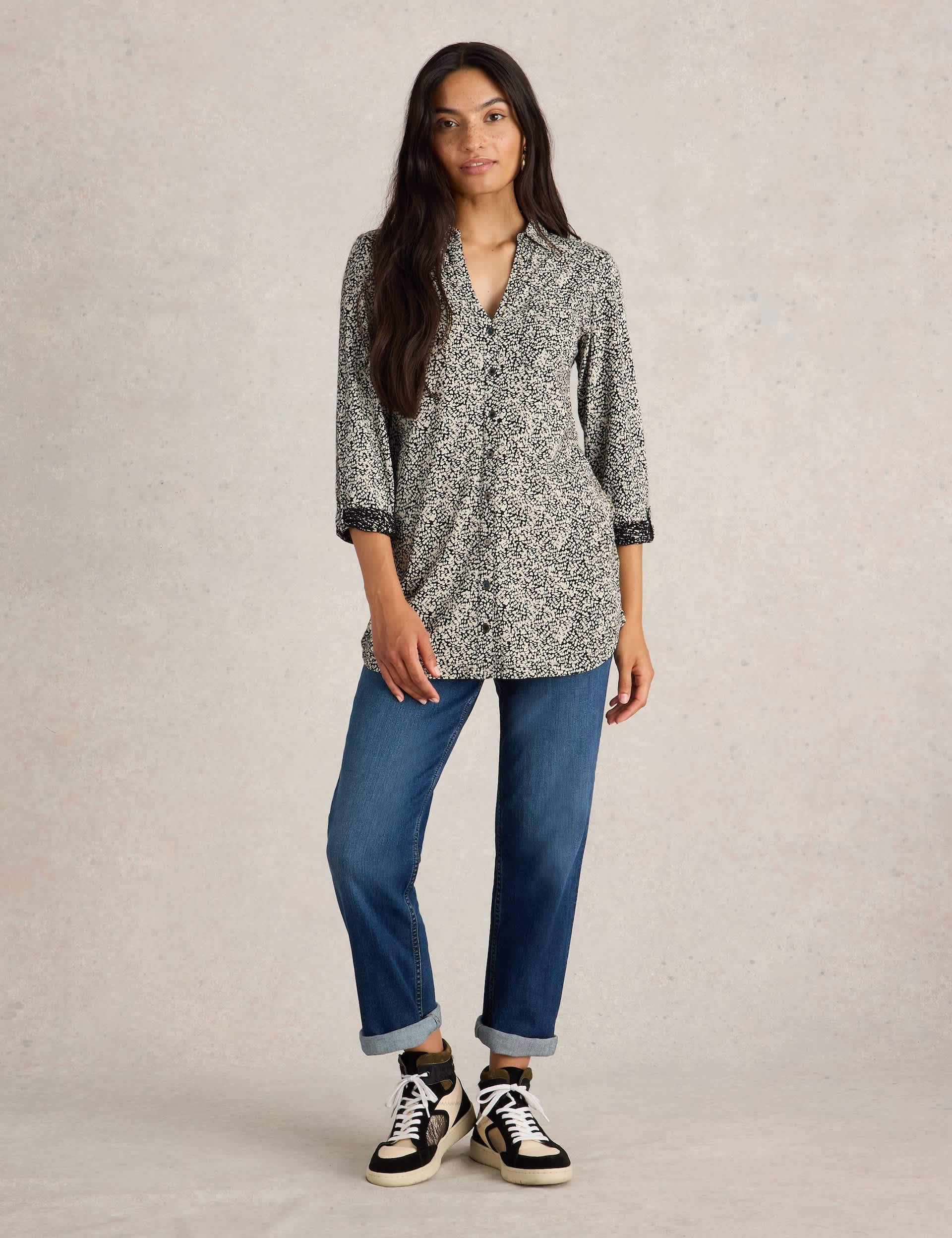 White Stuff Women's Pure Cotton Printed V-Neck Longline Shirt