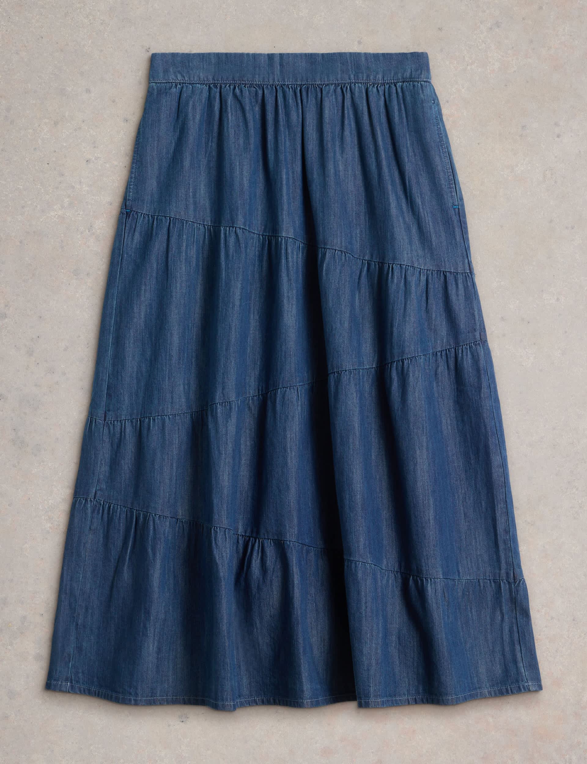 White Stuff Women's Denim Midi Tiered Skirt - 6 - Navy, Navy