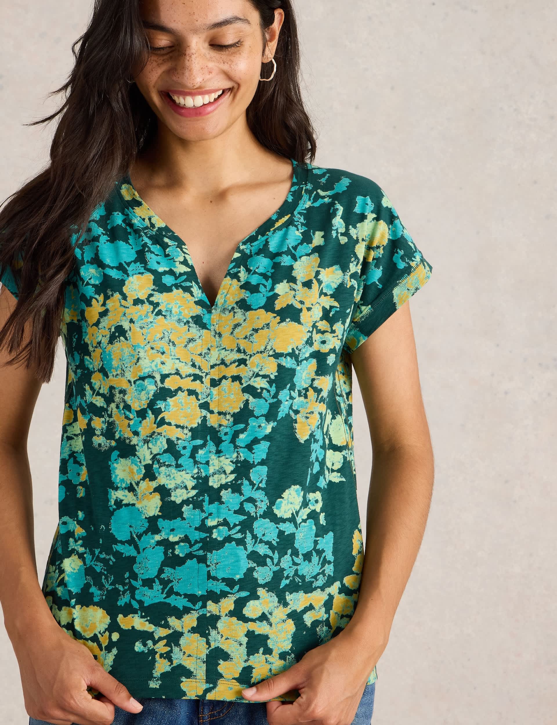 White Stuff Women's Pure Cotton Floral Notch Neck Top - 12 - Dark Green Mix, Navy Mix,Green Mix,Purp