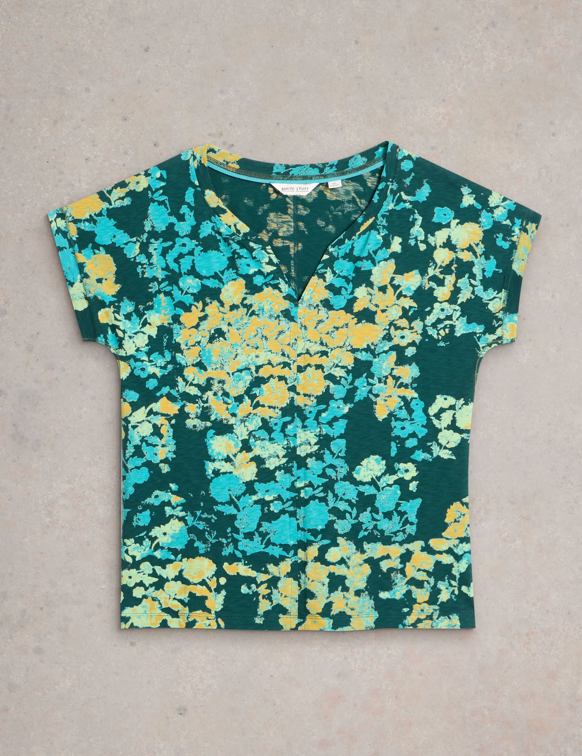 White Stuff Women's Pure Cotton Floral Notch Neck Top - 12 - Dark Green Mix, Navy Mix,Dark Green Mix