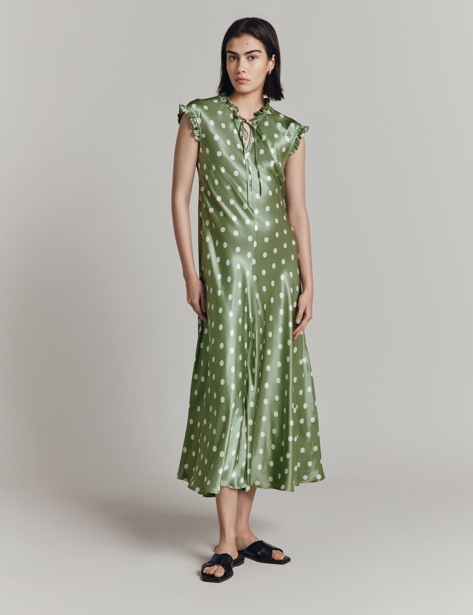 Ghost Women's Polka Dot Tie Neck Ruffle Midaxi Tea Dress - Green Mix, Ivory Mix,Green Mix