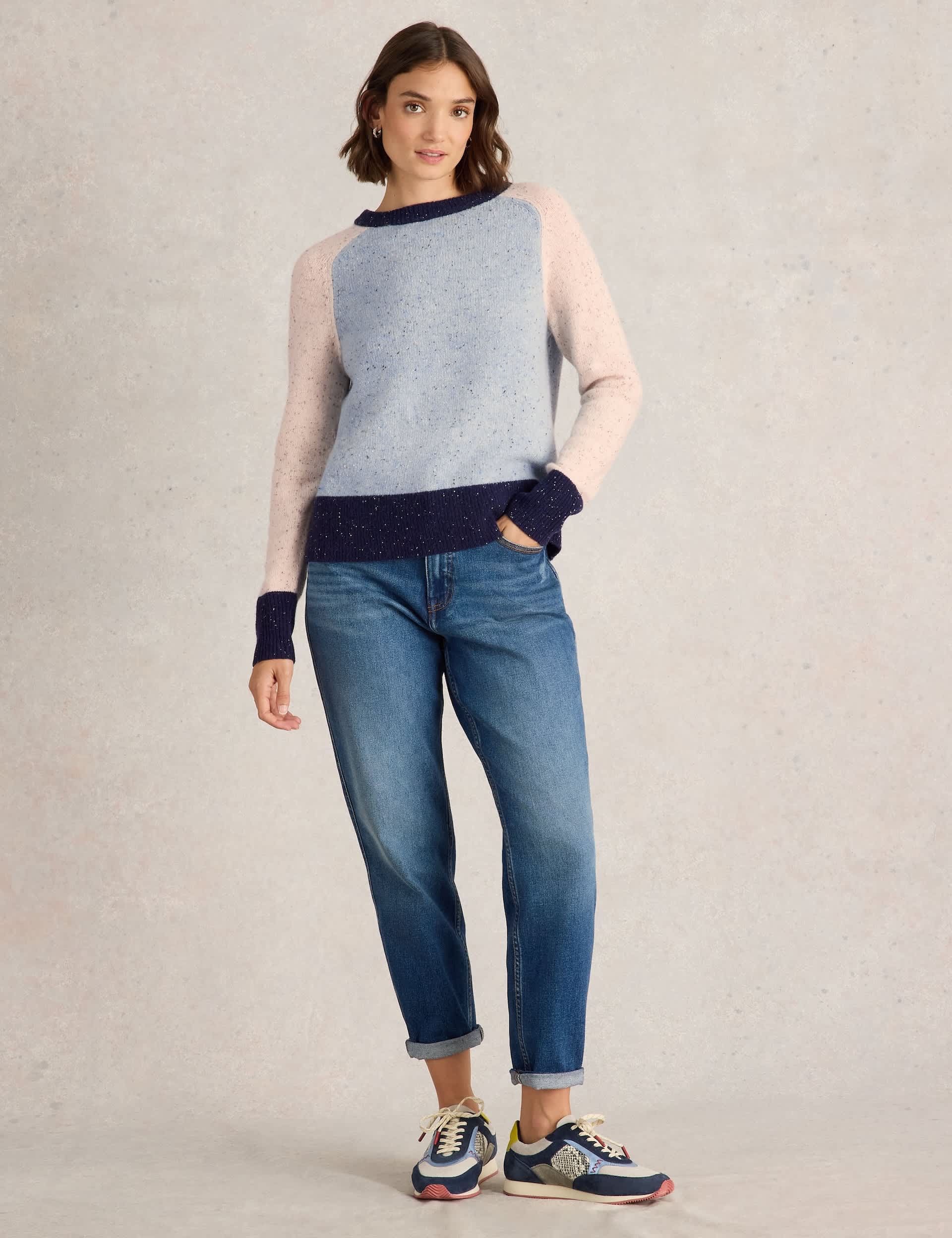 White Stuff Women's Lambswool Rich Colour Block Crew Neck Jumper - 14 - Blue Mix, Blue Mix