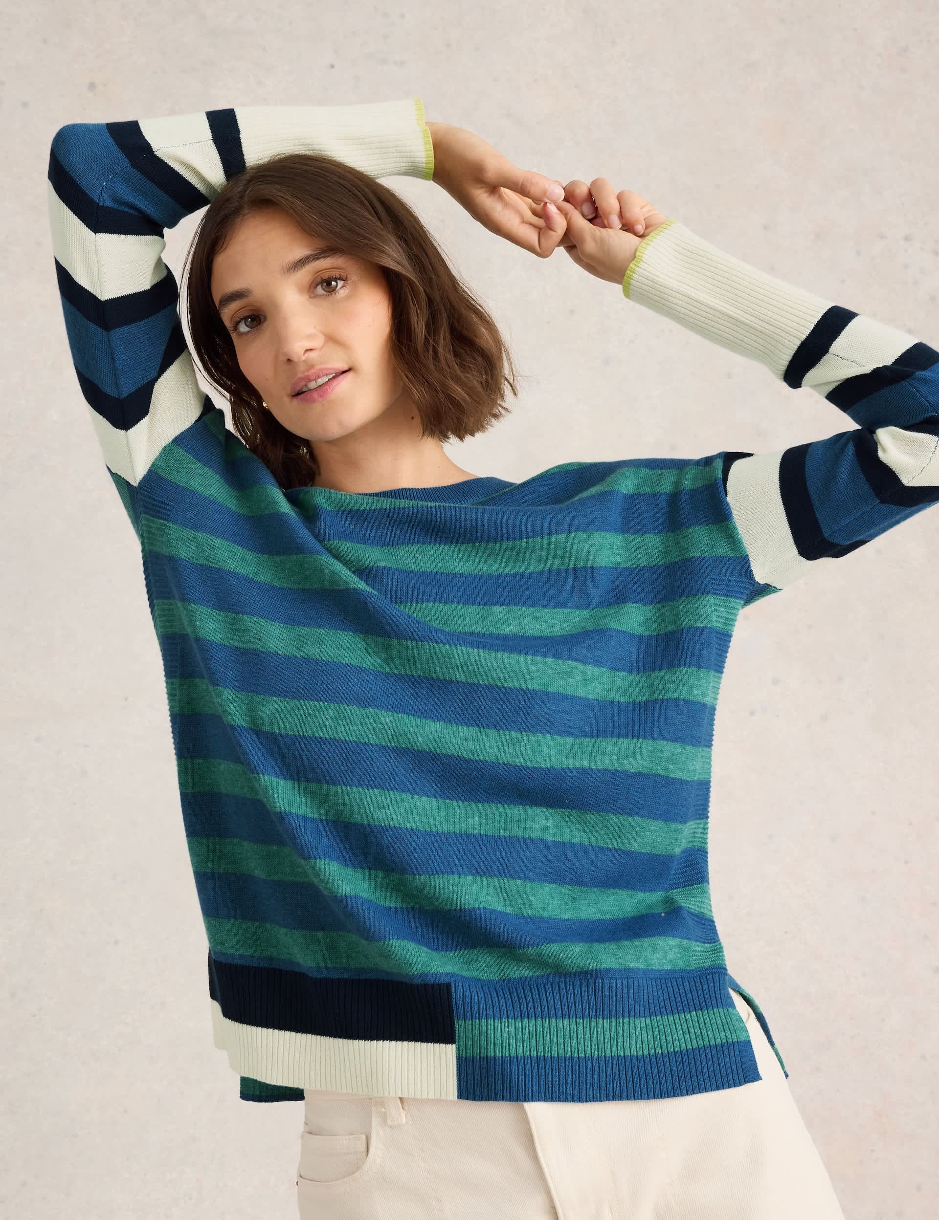 White Stuff Women's Cotton Blend Striped Crew Neck Jumper - 14 - Blue Mix, Blue Mix