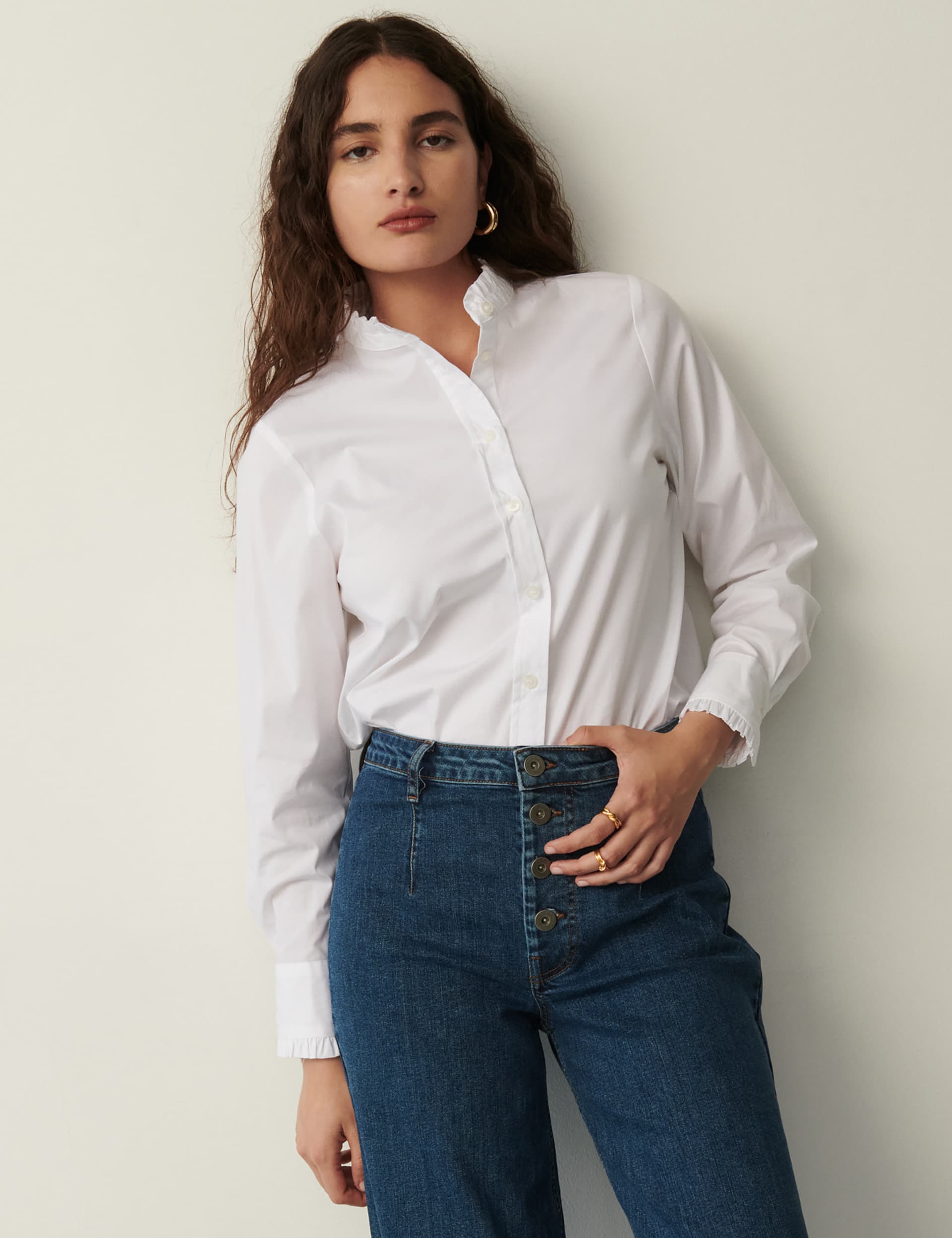 Finery London Women's Cotton Rich High Neck Frill Detail Shirt - 16 - White, White