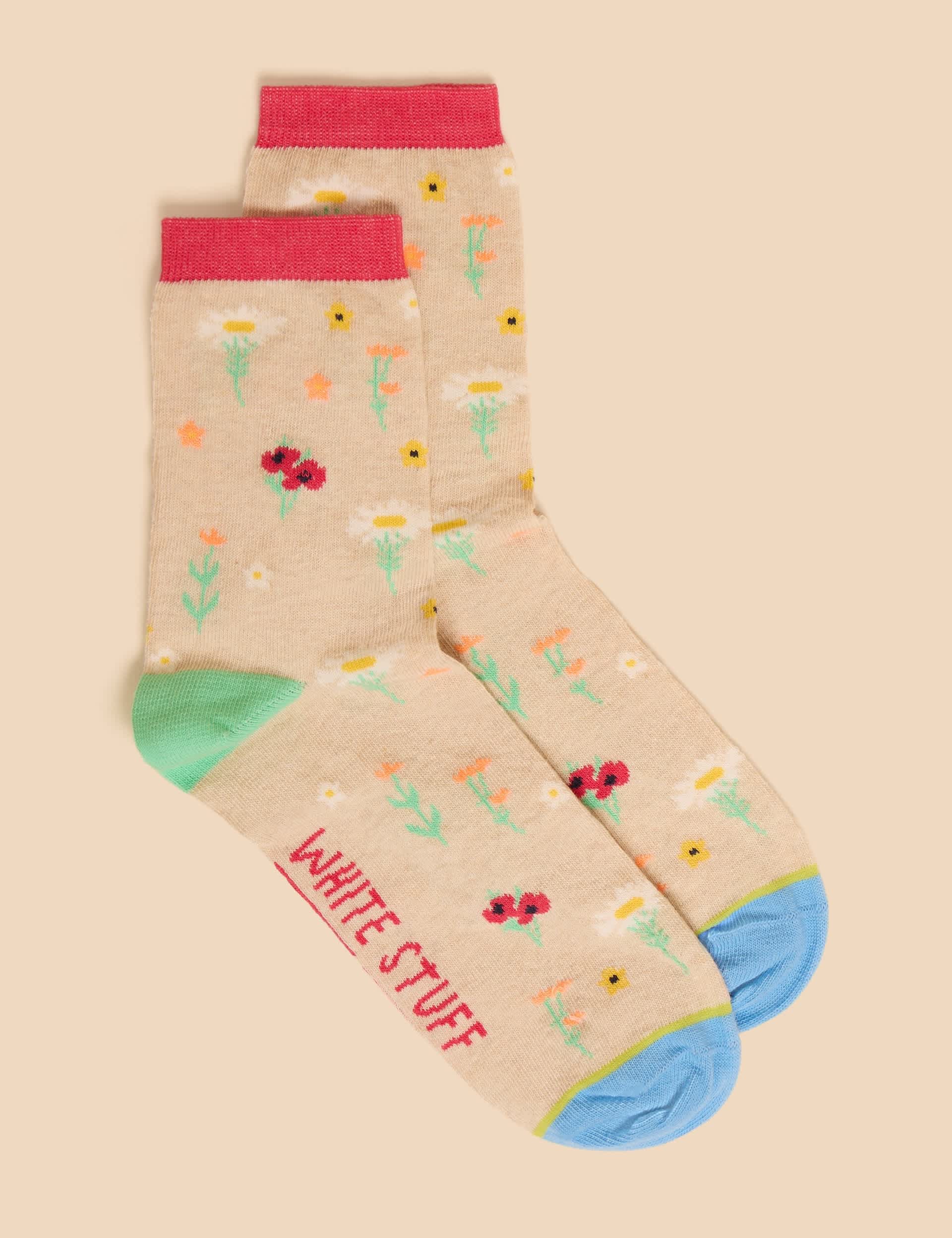 White Stuff Women's Cotton Rich Floral Ankle High Socks - 6-8 - Natural Mix, Natural Mix