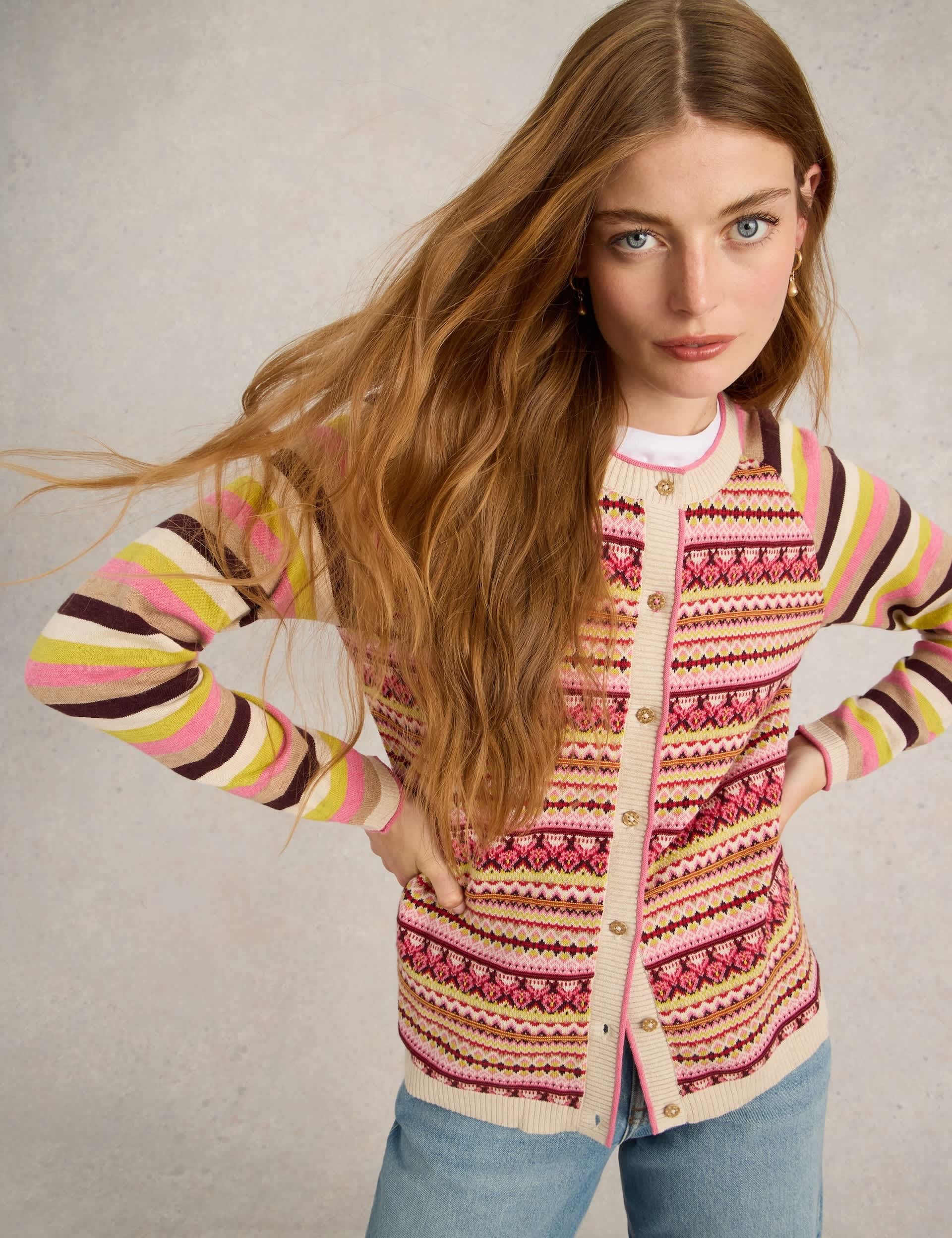 White Stuff Women's Pure Cotton Striped Fair Isle Cardigan - 12 - Pink Mix, Yellow Mix,Pink Mix