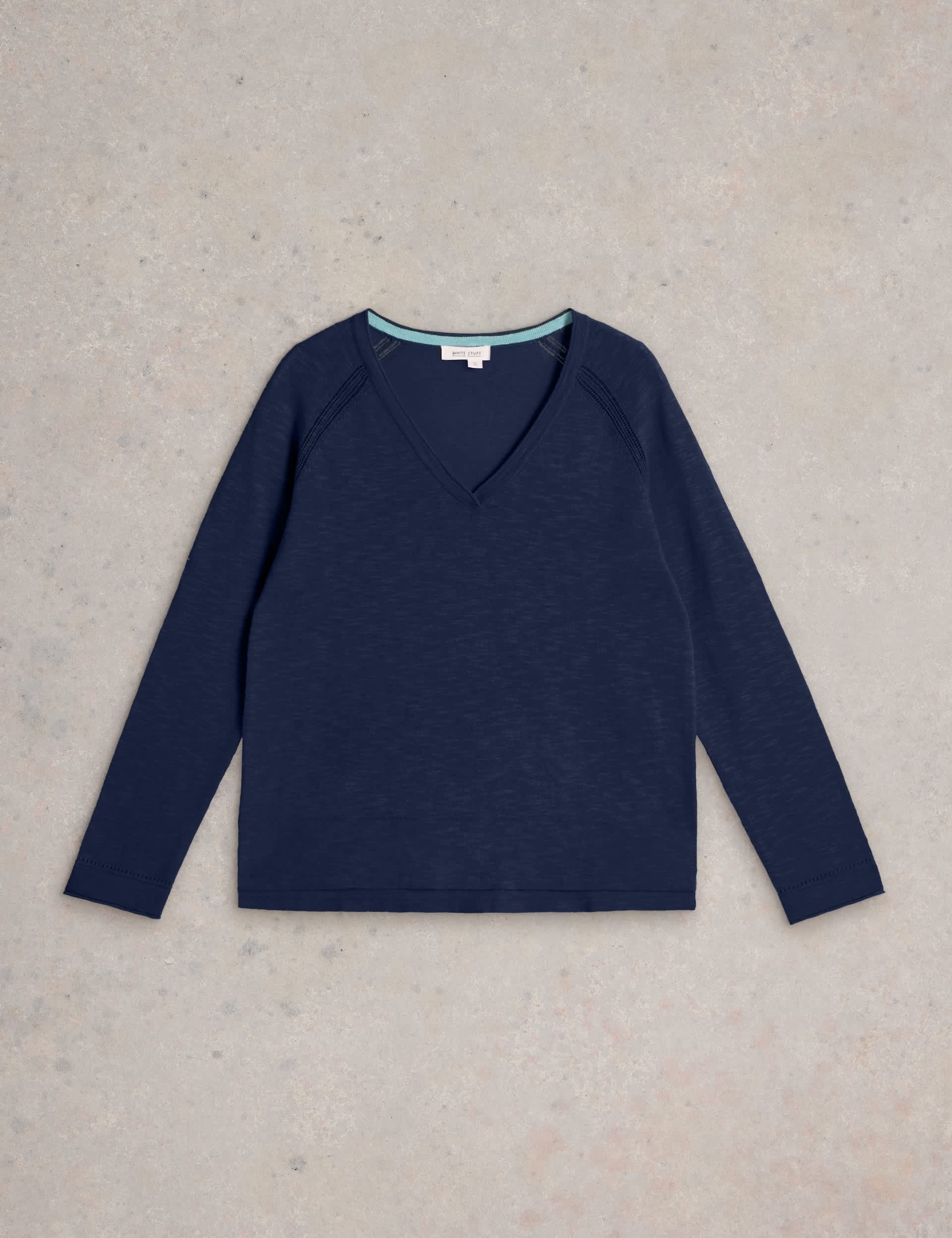 White Stuff Women's Cotton Rich V-Neck Jumper with Linen - 8 - Navy, Navy