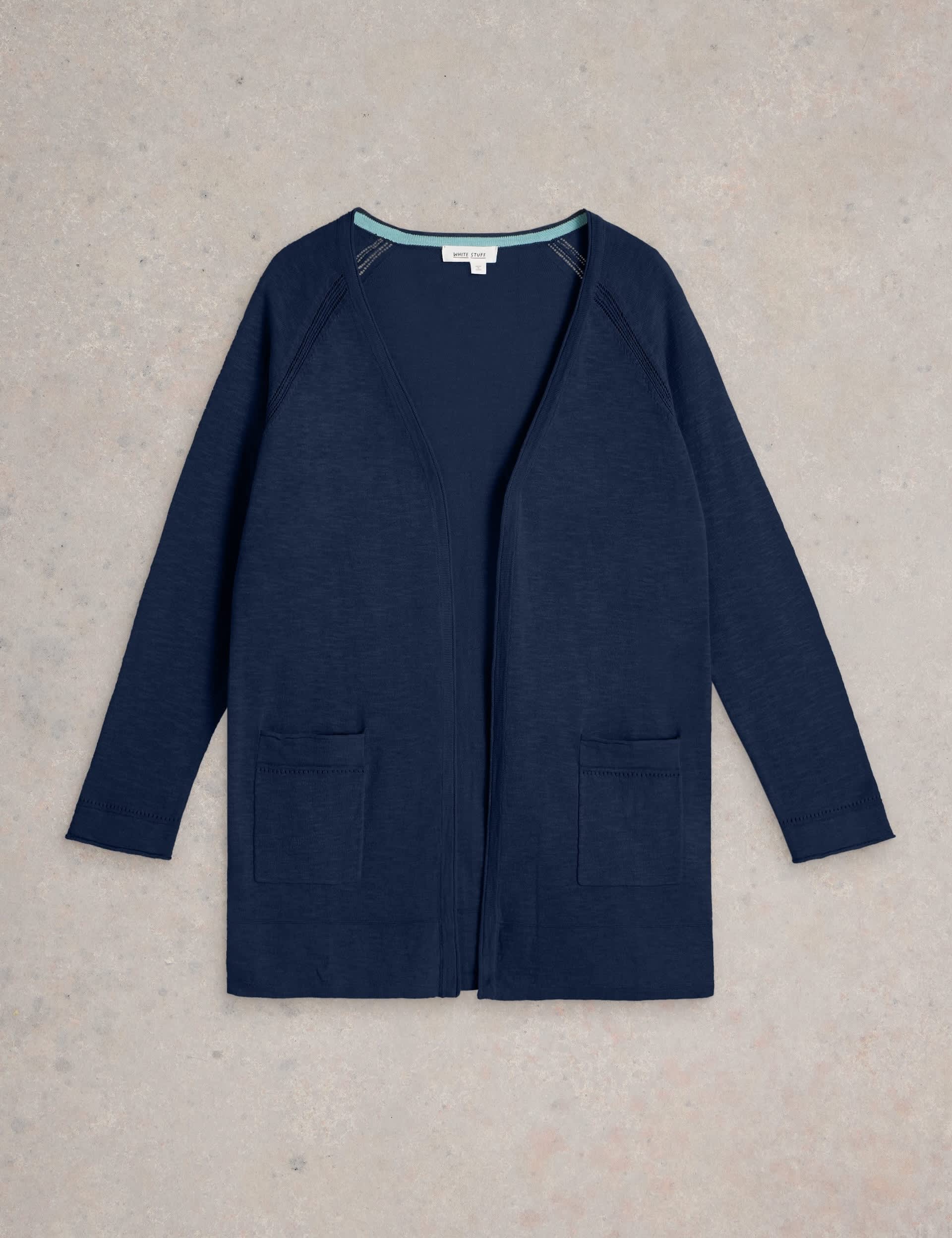 White Stuff Women's Cotton Rich Longline Cardigan with Linen - 8 - Navy, Navy,Blue