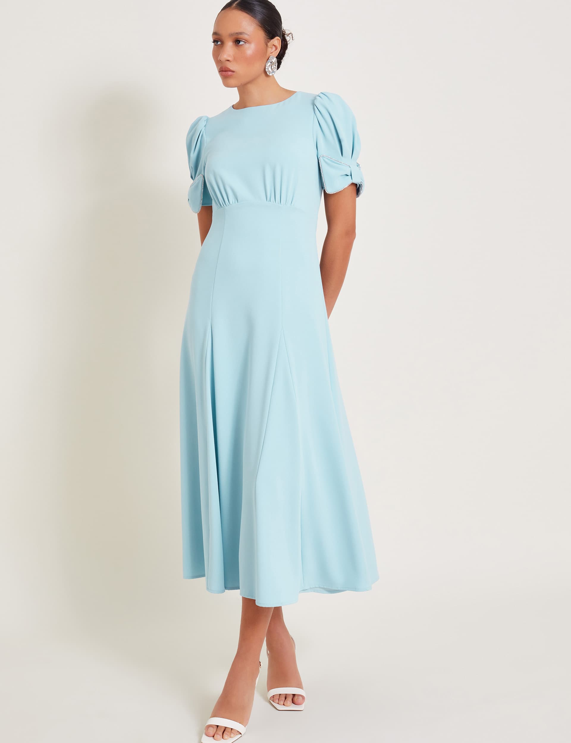 Monsoon Women's Crepe Round Neck Puff Sleeve Midi Tea Dress - 24 - Pale Blue, Pale Blue