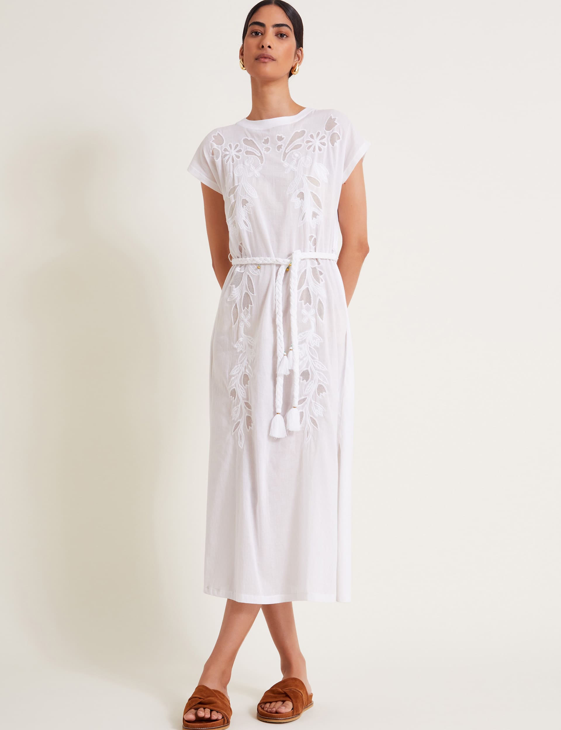 Monsoon Women's Pure Cotton Cutwork Detail Midaxi Smock Dress - White, White