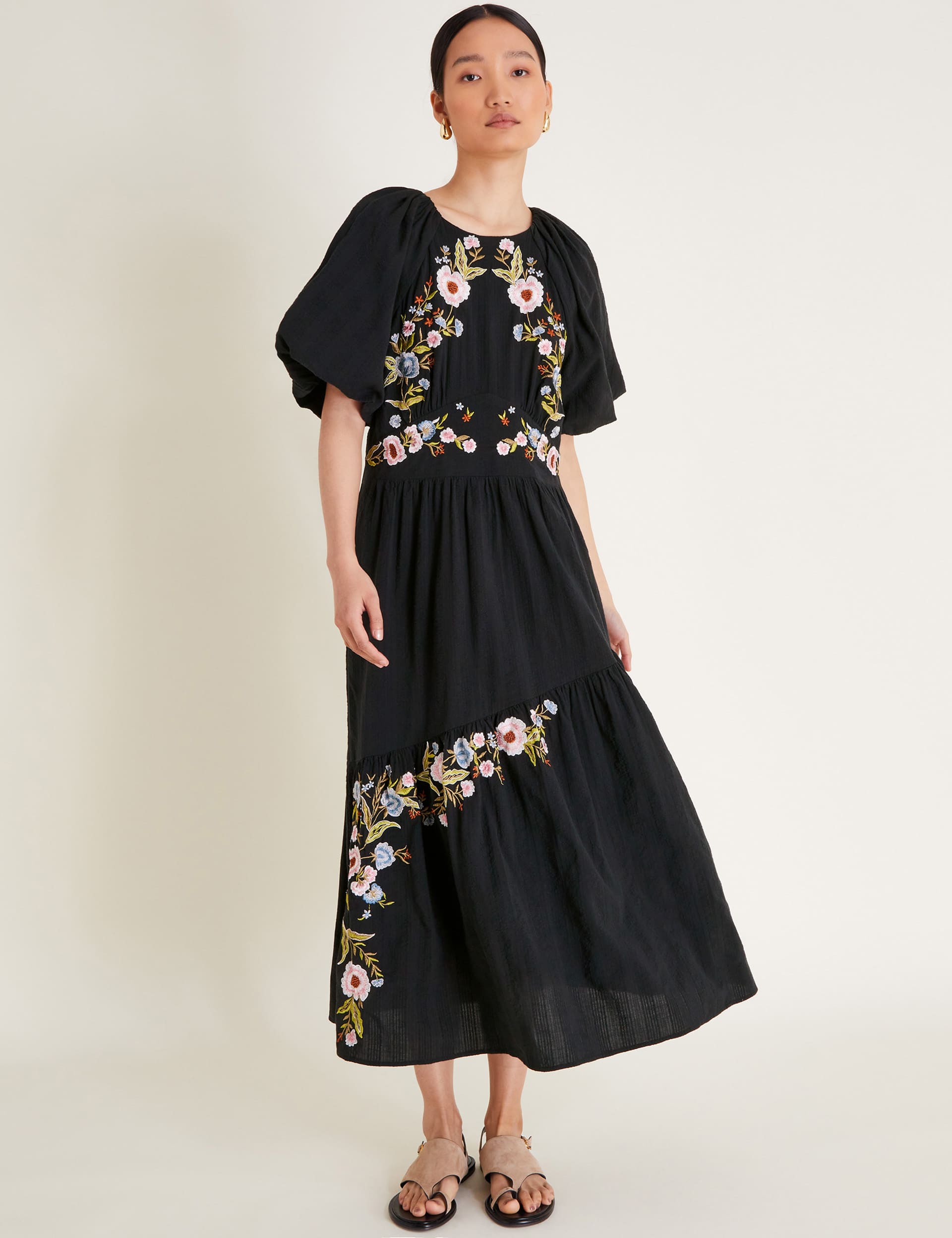 Monsoon Women's Pure Cotton Embroidered Midi Tea Dress - 16 - Black Mix, Black Mix