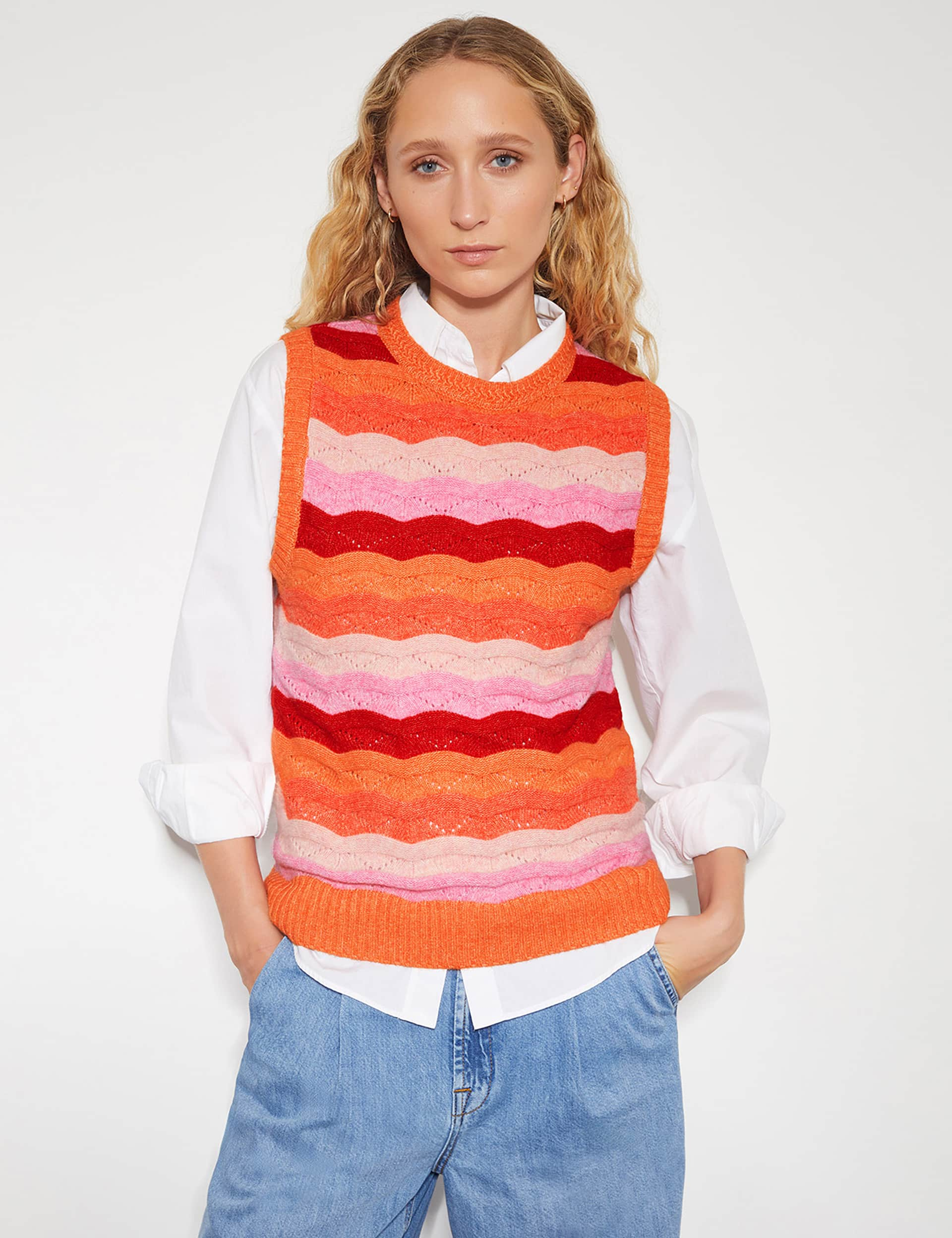 Monsoon Women's Striped Crew Neck Knitted Vest - M - Pink Mix, Pink Mix