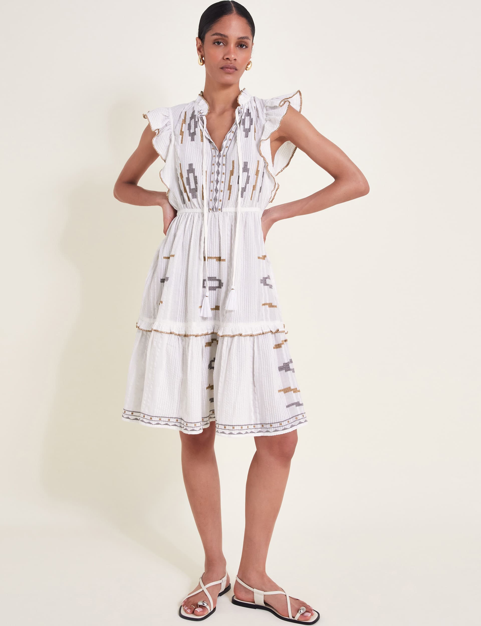 Monsoon Women's Pure Cotton Embroidered Ruffle Tiered Dress - XL - Ivory, Ivory