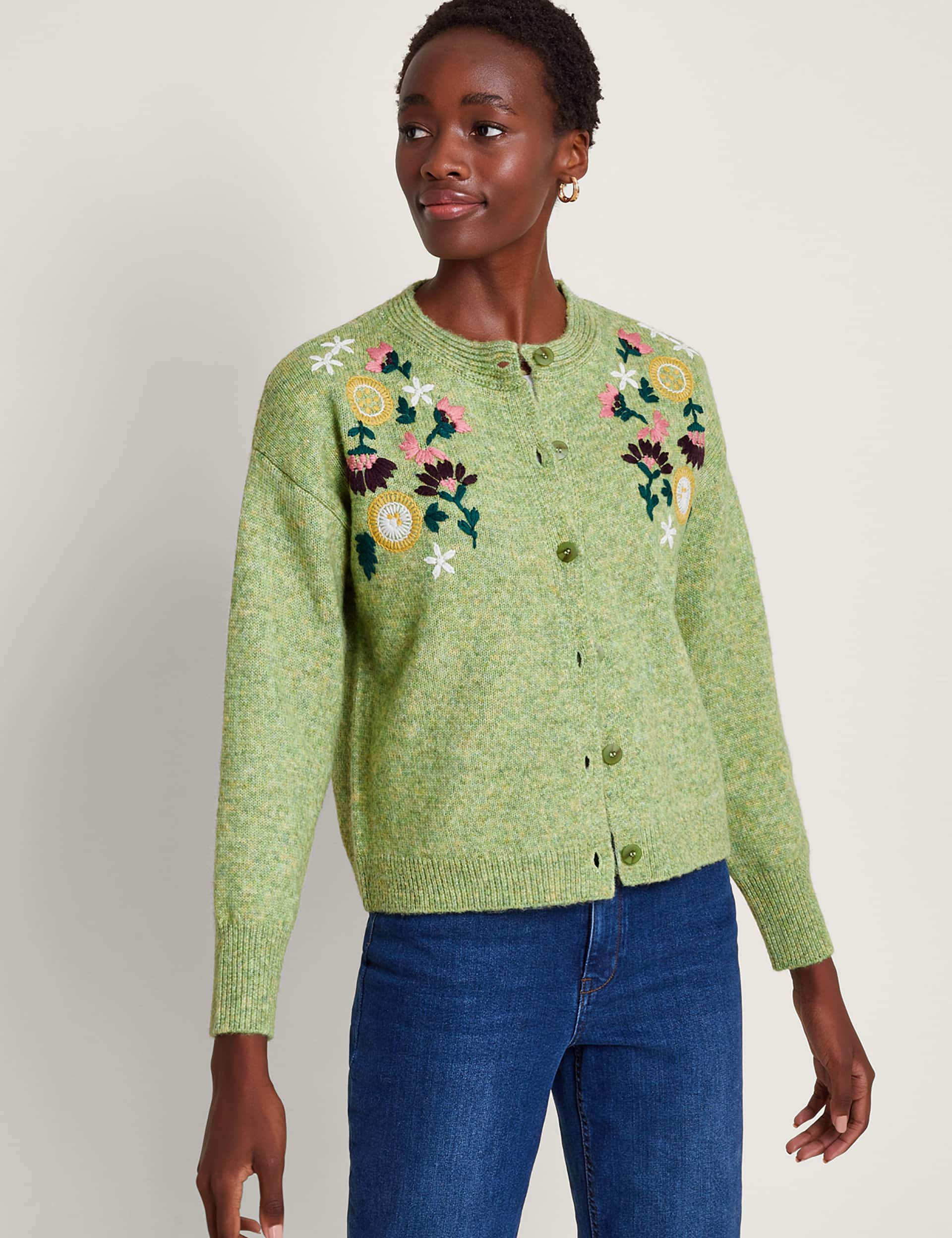 Monsoon Women's Recycled Blend Embroidered Crew Neck Cardigan - S - Green Mix, Green Mix