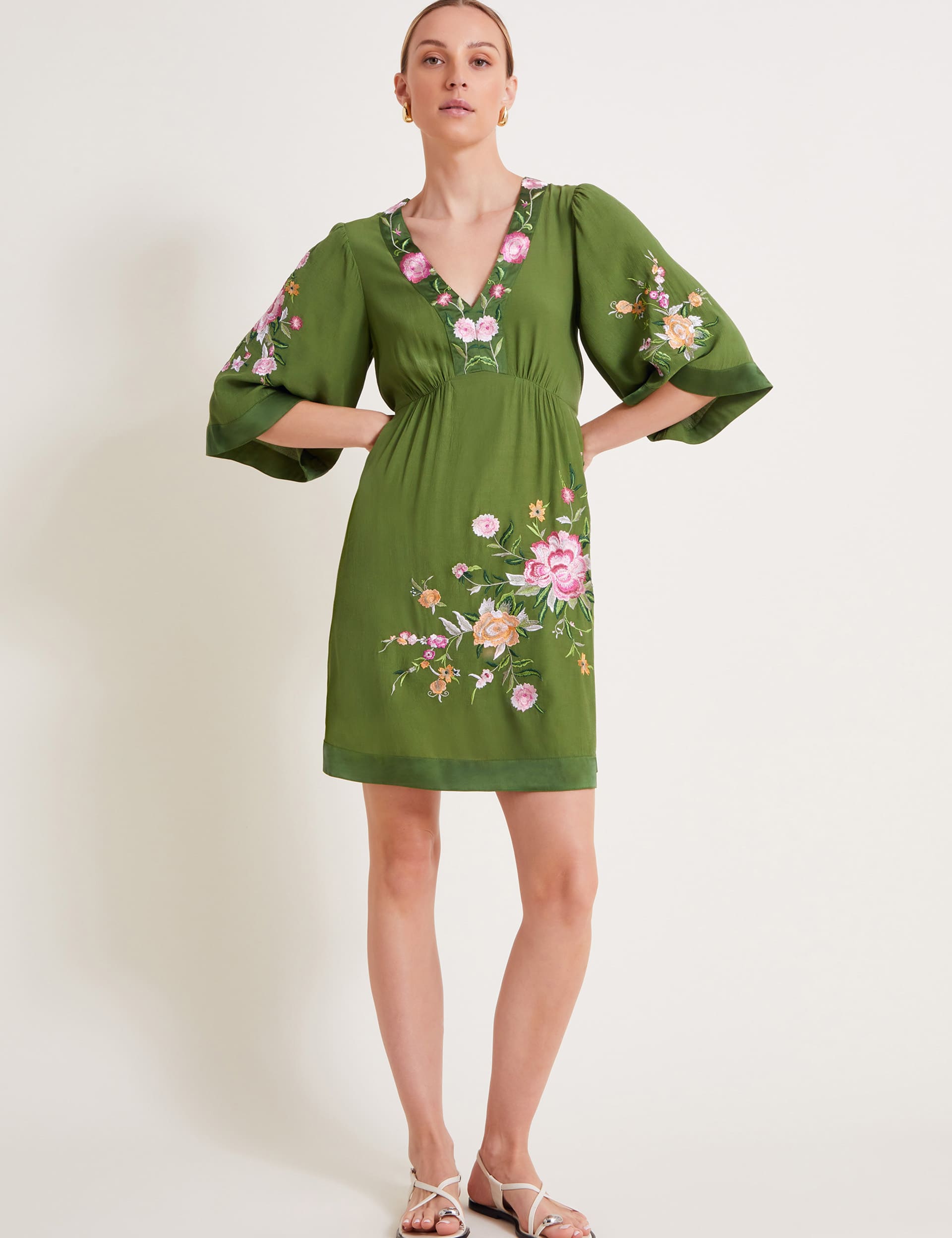 Monsoon Women's Embroidered V-Neck Mini Smock Dress - Green Mix, Green Mix