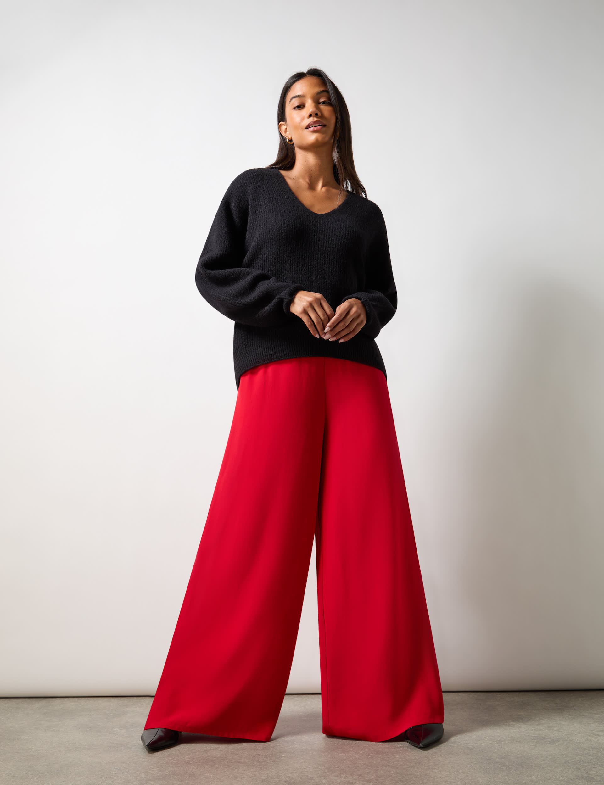 Ro&Zo Women's Crepe Wide Leg Trousers - 14REG - Red, Red,Black