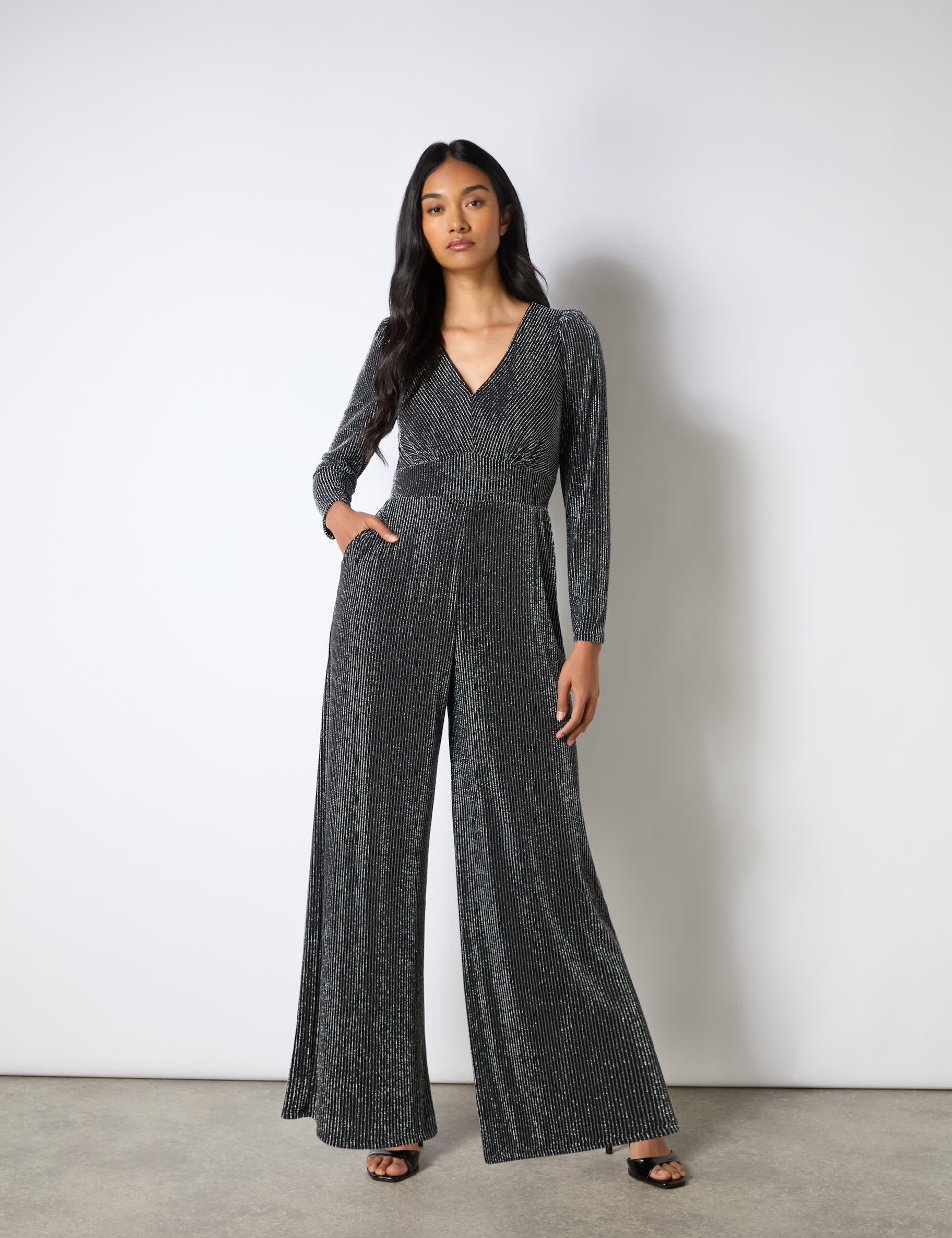 Ro&Zo Women's Sparkly Long Sleeve Wide Leg Jumpsuit - 12REG - Silver Mix, Silver Mix