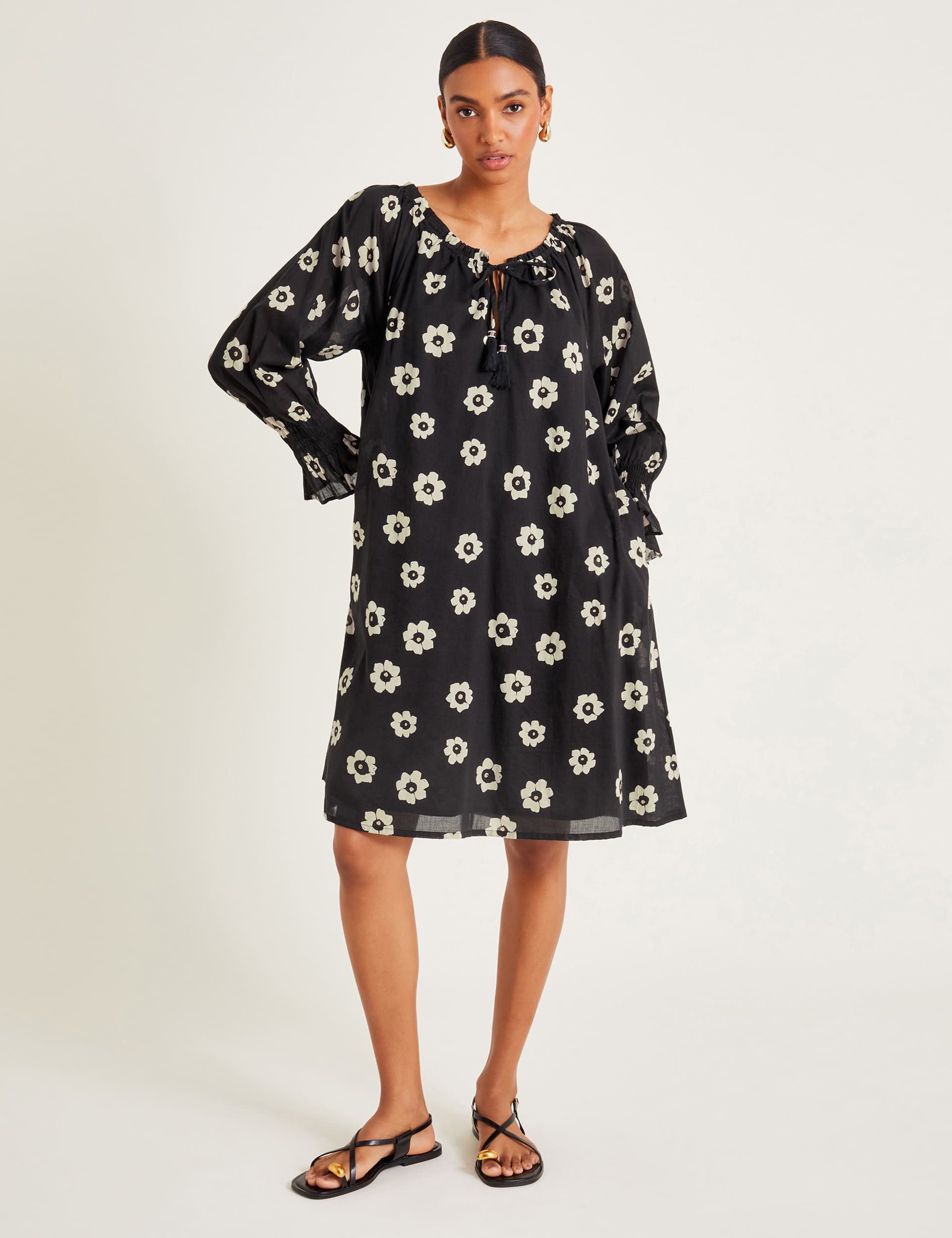 Monsoon Women's Pure Cotton Printed Tie Neck Smock Dress - Black Mix, Black Mix