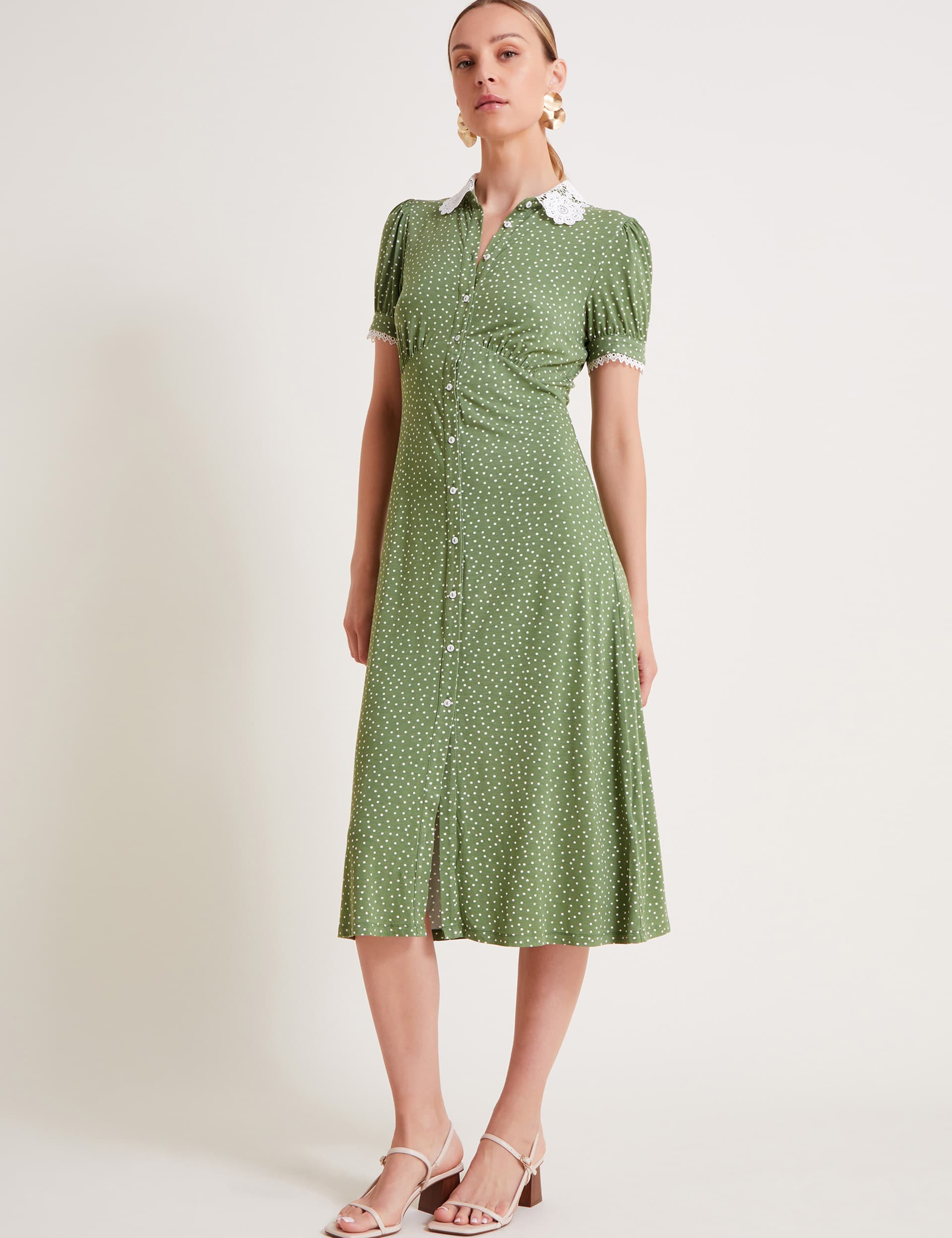 Monsoon Women's Polka Dot Jersey Collared Midi Shirt Dress - Green Mix, Green Mix