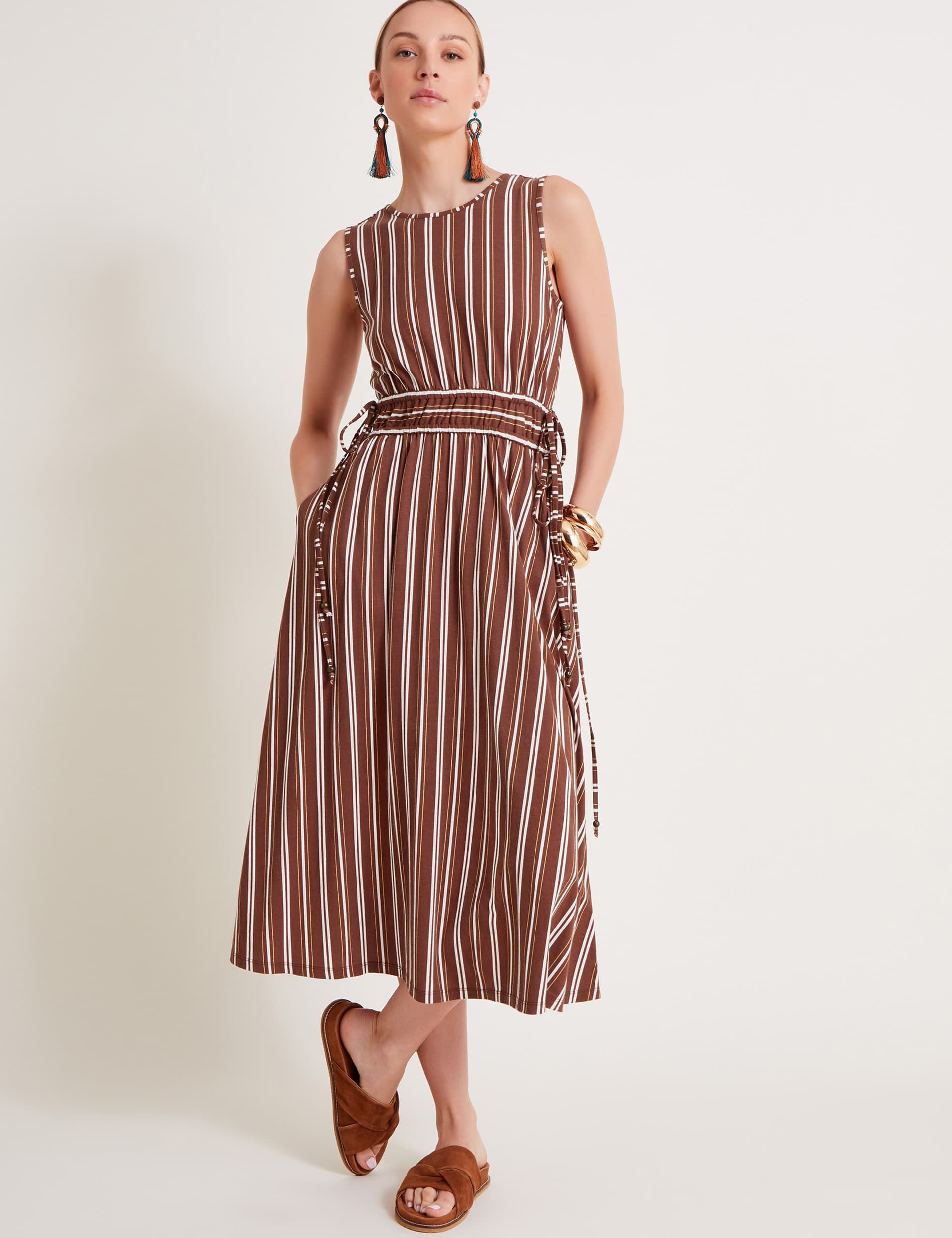 Monsoon Women's Pure Cotton Jersey Striped Midi Waisted Dress