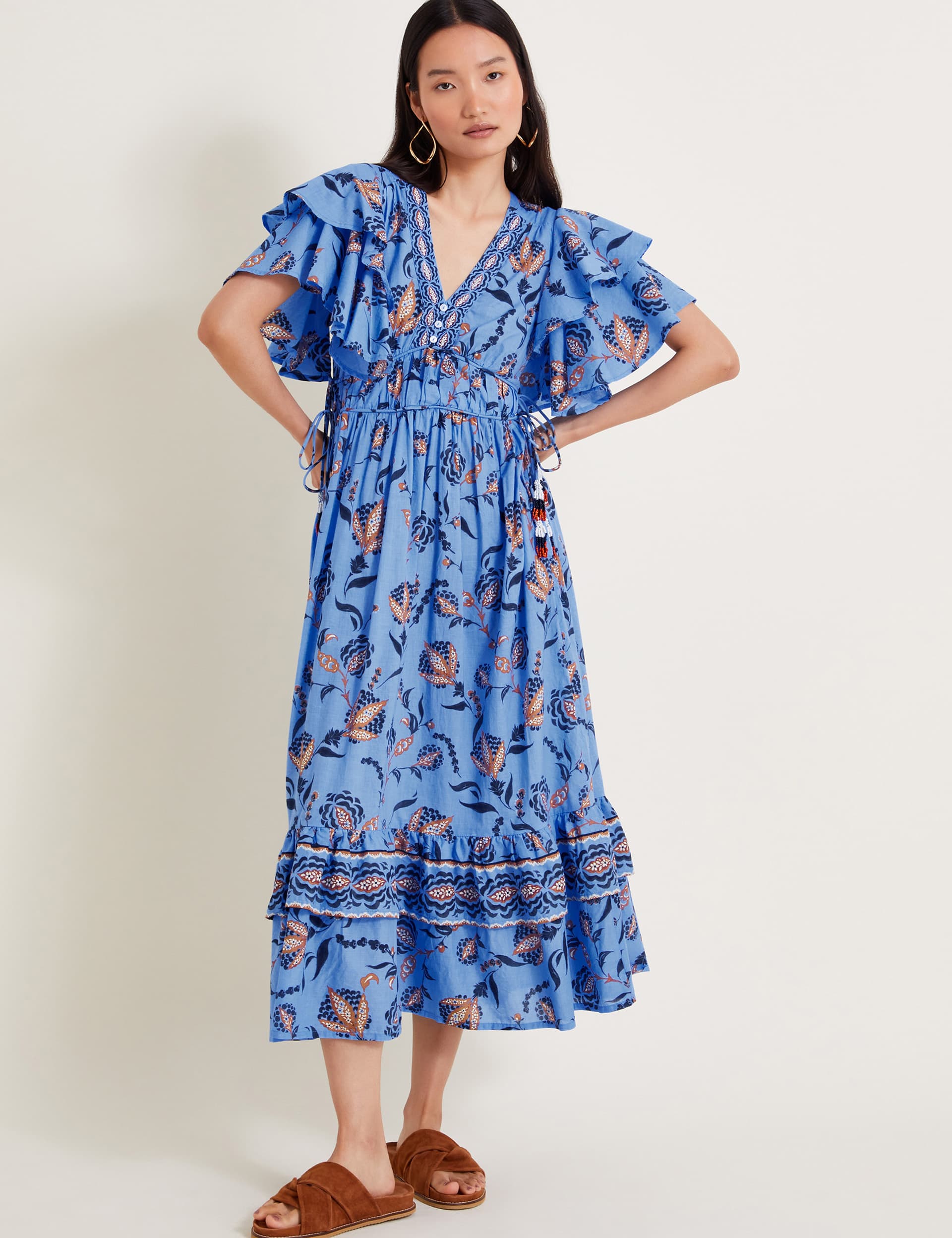 Monsoon Women's Pure Cotton Printed V-Neck Midi Tea Dress - L - Blue Mix, Blue Mix