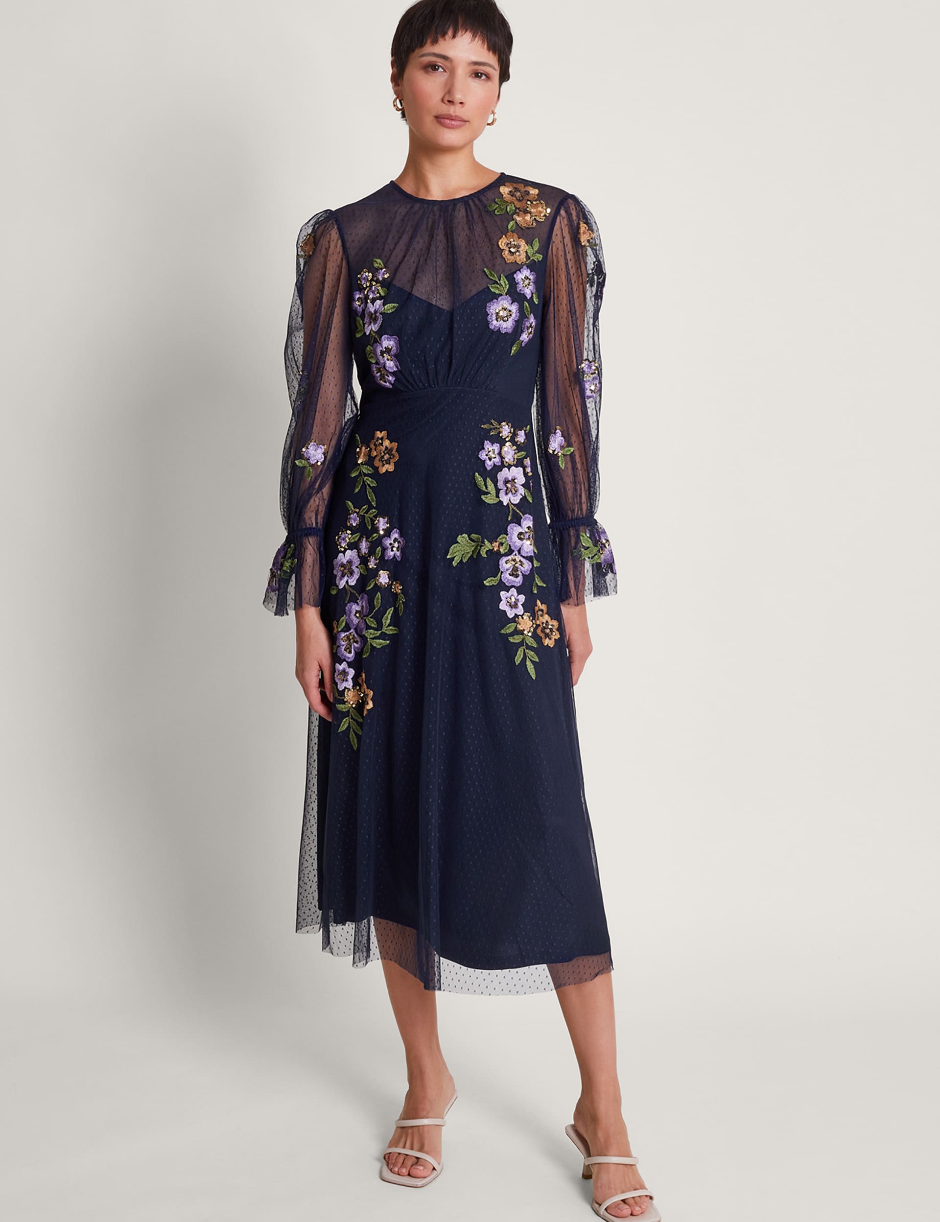 Monsoon Women's Floral Embroidered Midi Tea Dress - 10 - Navy, Navy