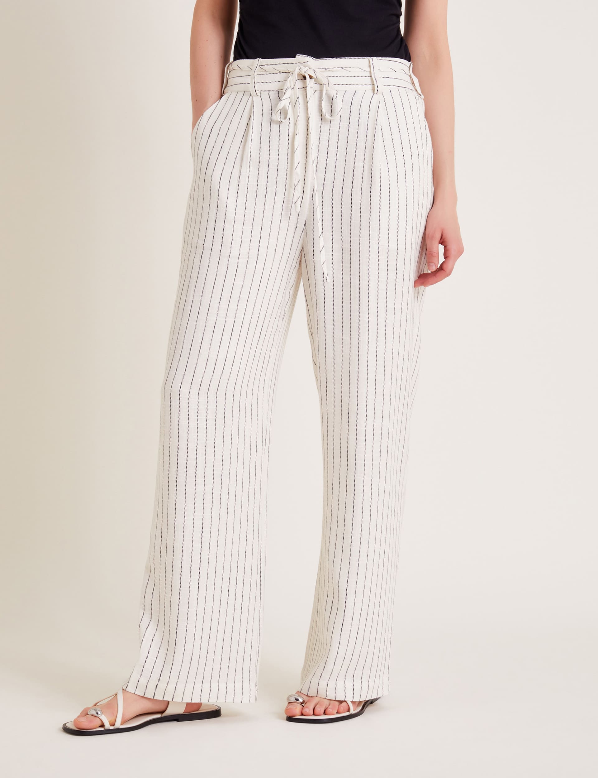 Monsoon Women's Striped Wide Leg Trousers with Linen