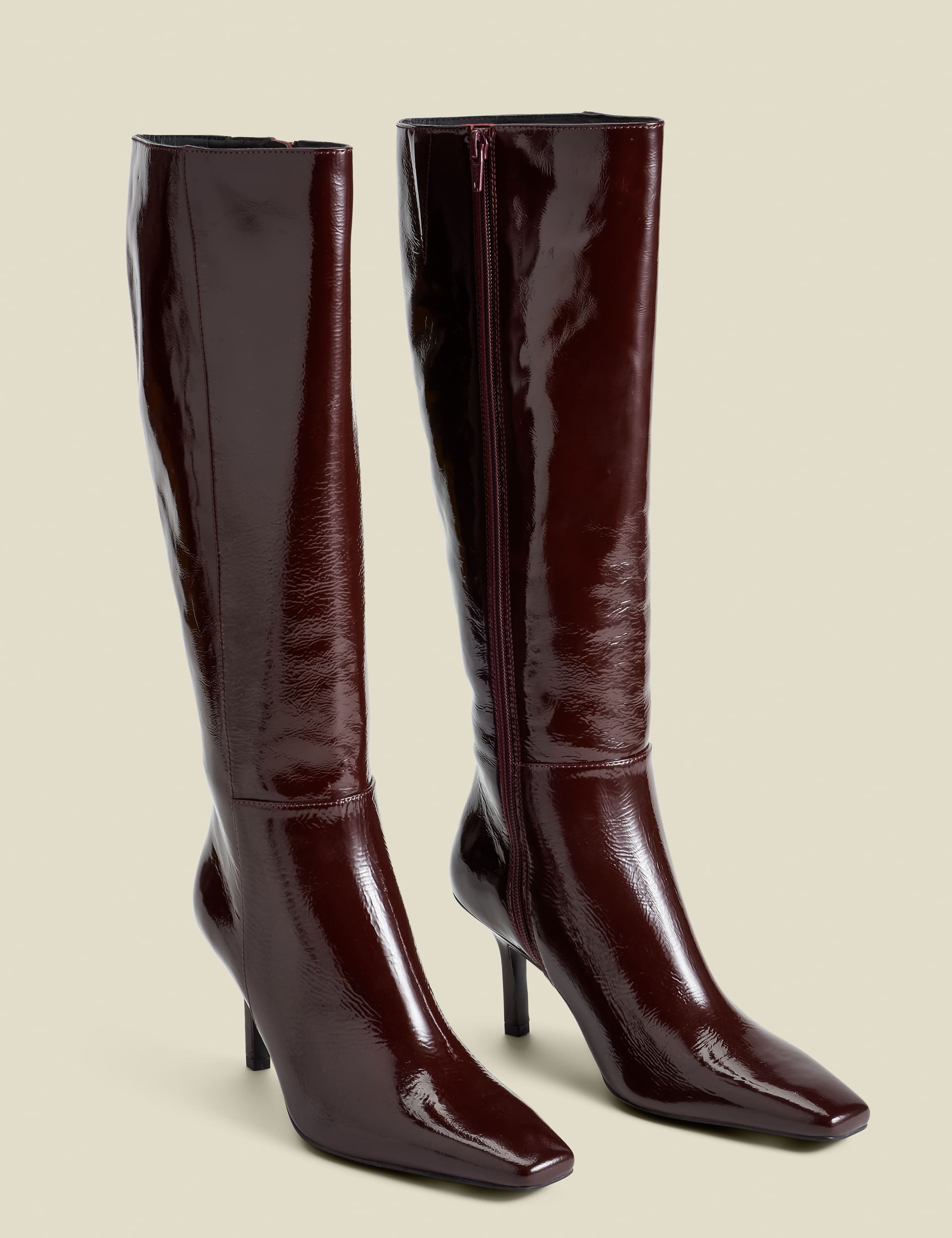 Sosandar Women's Leather Stiletto Heel Knee High Boots - 5 - Burgundy, Burgundy