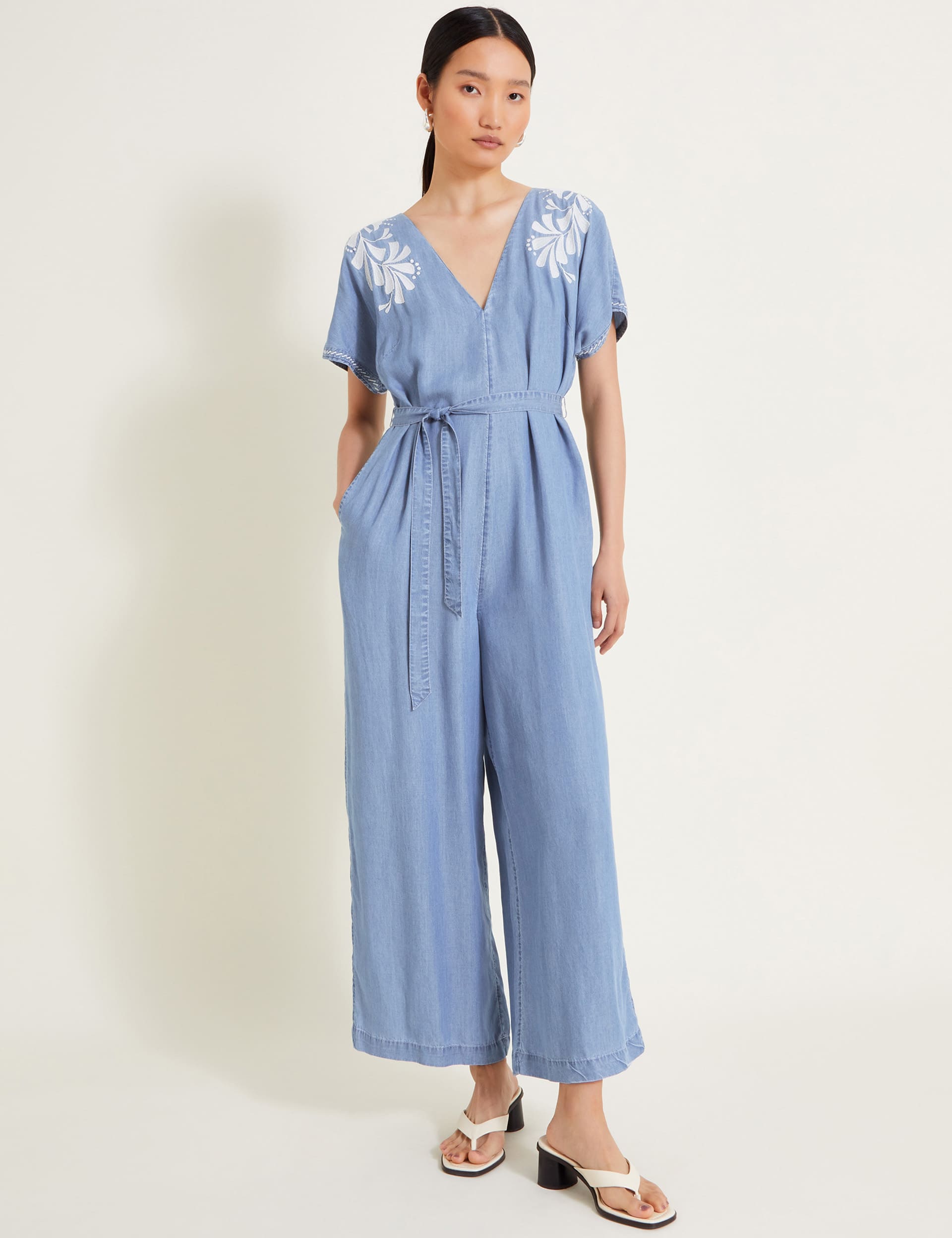 Monsoon Women's Pure Lyocell Embroidered Wide Leg Jumpsuit - 20 - Blue Denim, Blue Denim