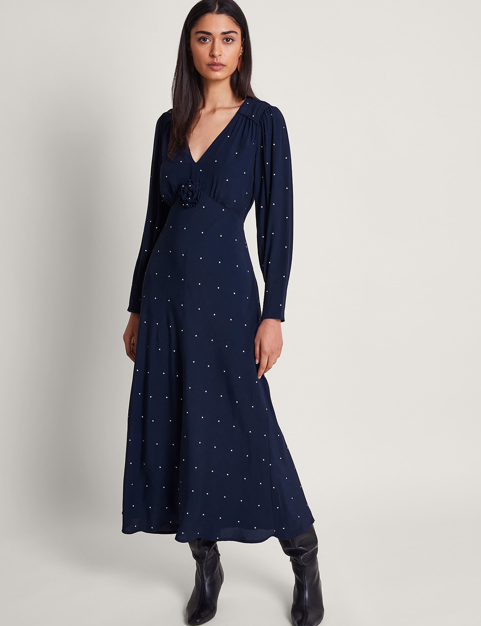 Monsoon Women's Polka Dot V-Neck Maxi Waisted Dress - 8 - Navy Mix, Navy Mix