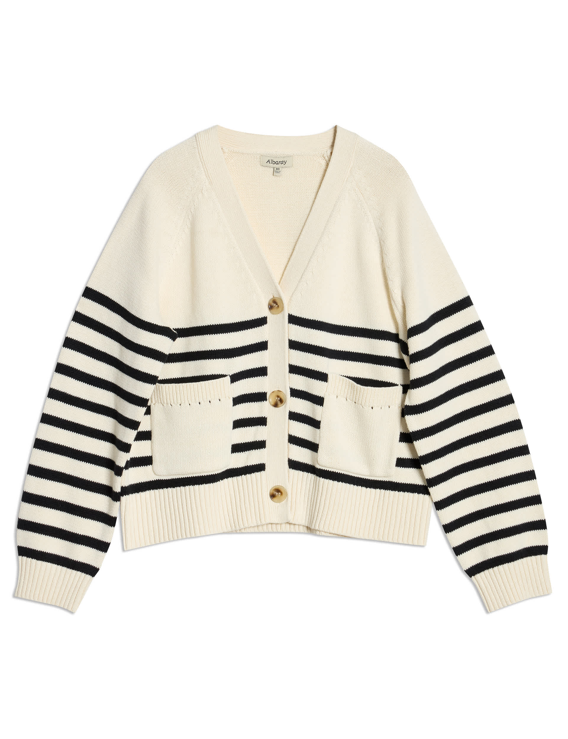 Albaray Women's Pure Cotton Striped V-Neck Cardigan - 12 - Cream Mix, Cream Mix