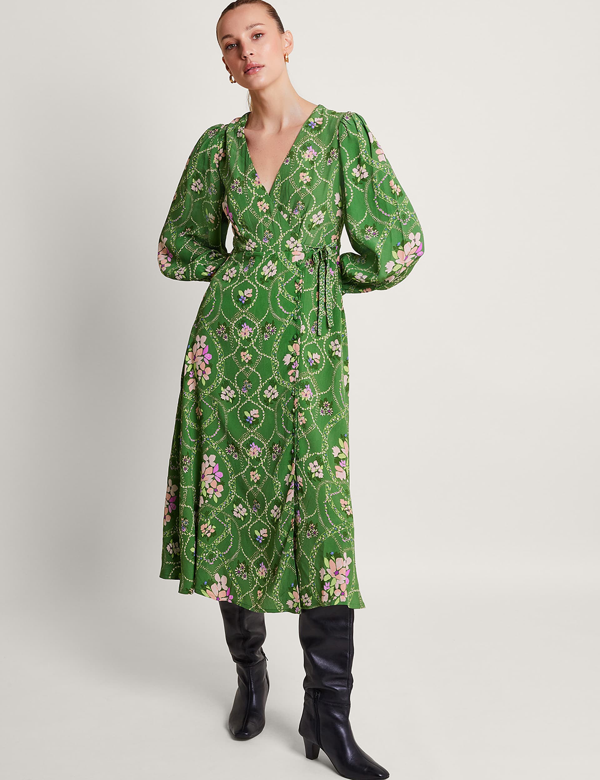 Monsoon Women's Printed V-Neck Midi Wrap Dress - 10 - Green Mix, Green Mix