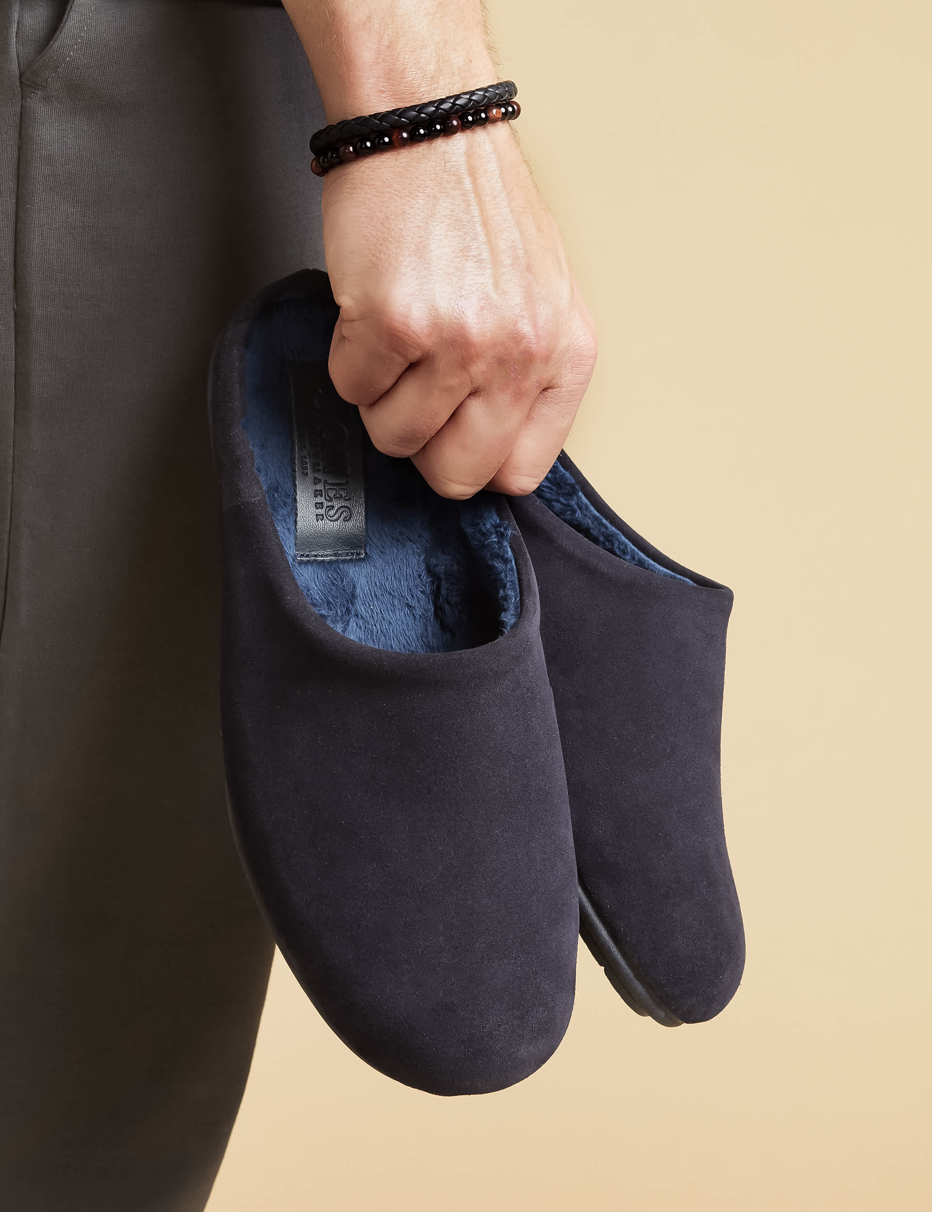 Jones Bootmaker Men's Suede Fleece Lined Mule Slippers - 8 - Navy, Navy,Chocolate,Charcoal