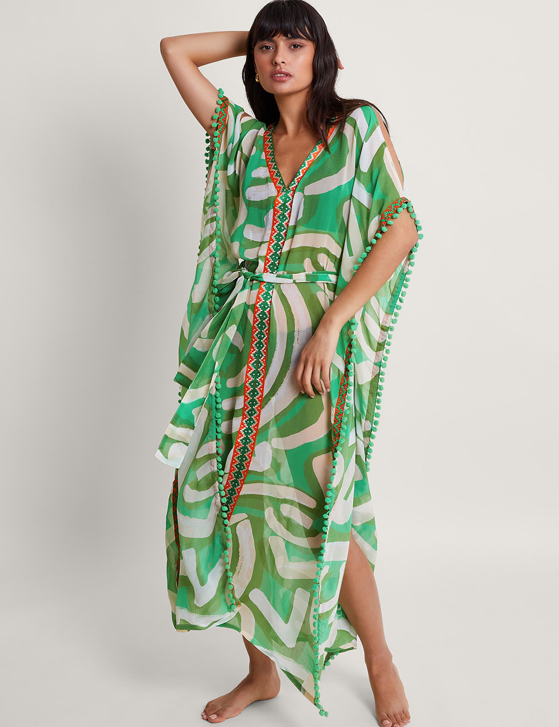 Monsoon Women's Printed V-Neck Tie Waist Maxi Kaftan - Green, Green