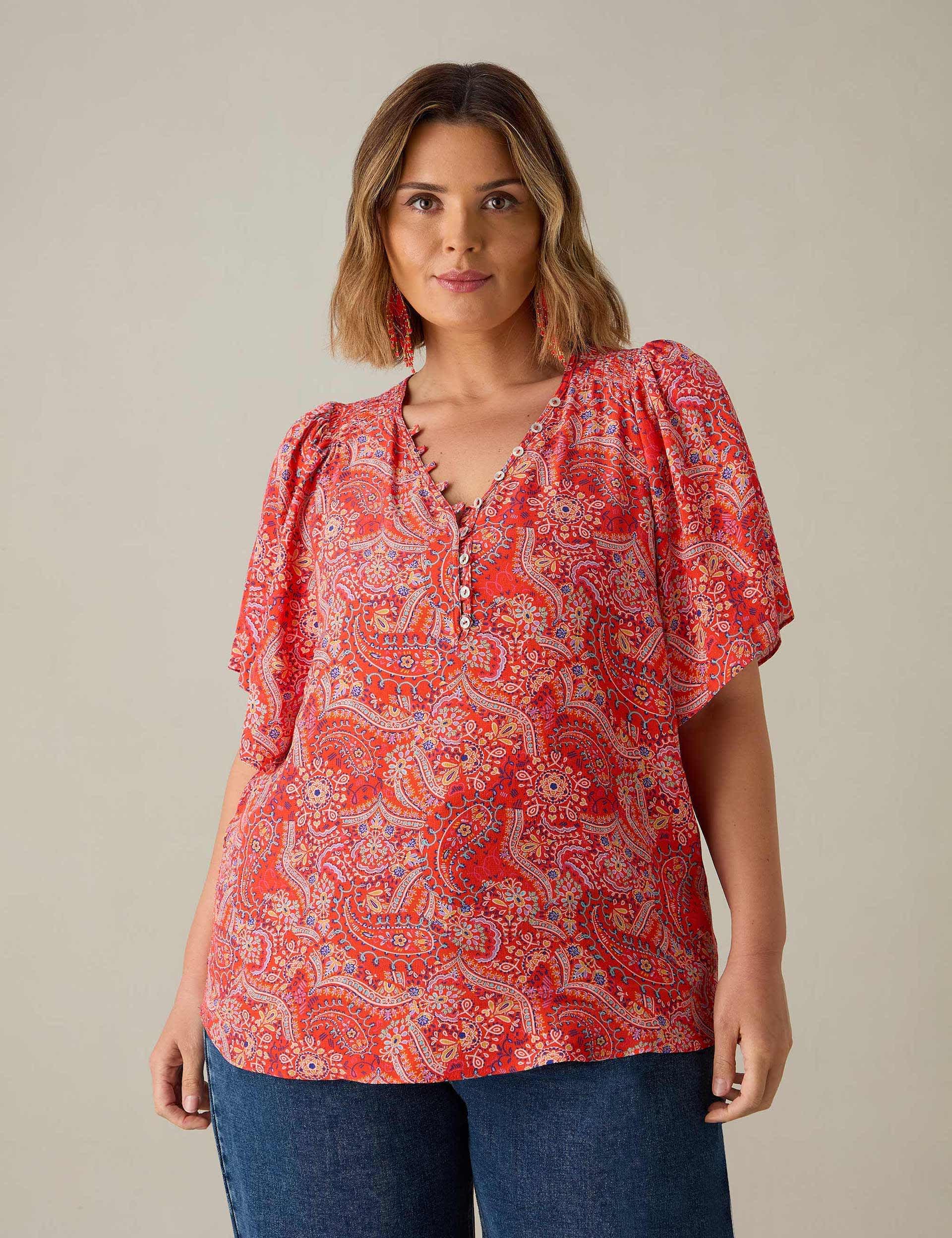 Live Unlimited London Women's Paisley Print V-Neck Blouse - 28 - Red Mix, Red Mix