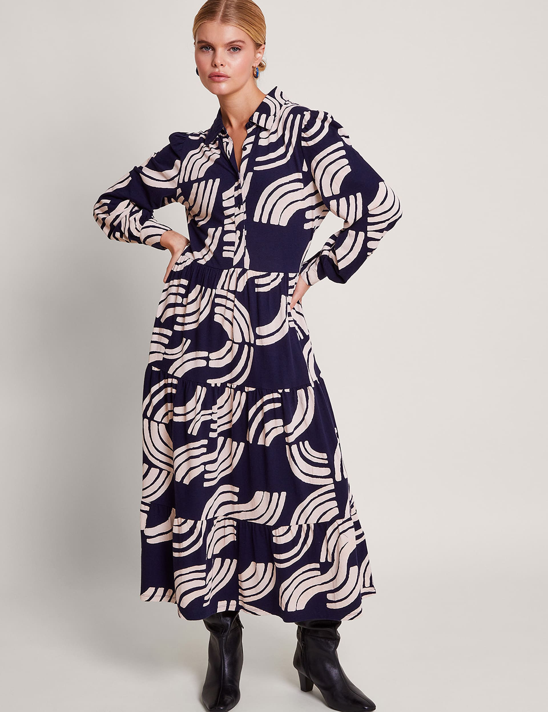 Monsoon Women's Cotton Rich Printed Tiered Maxi Dress - Navy Mix, Navy Mix