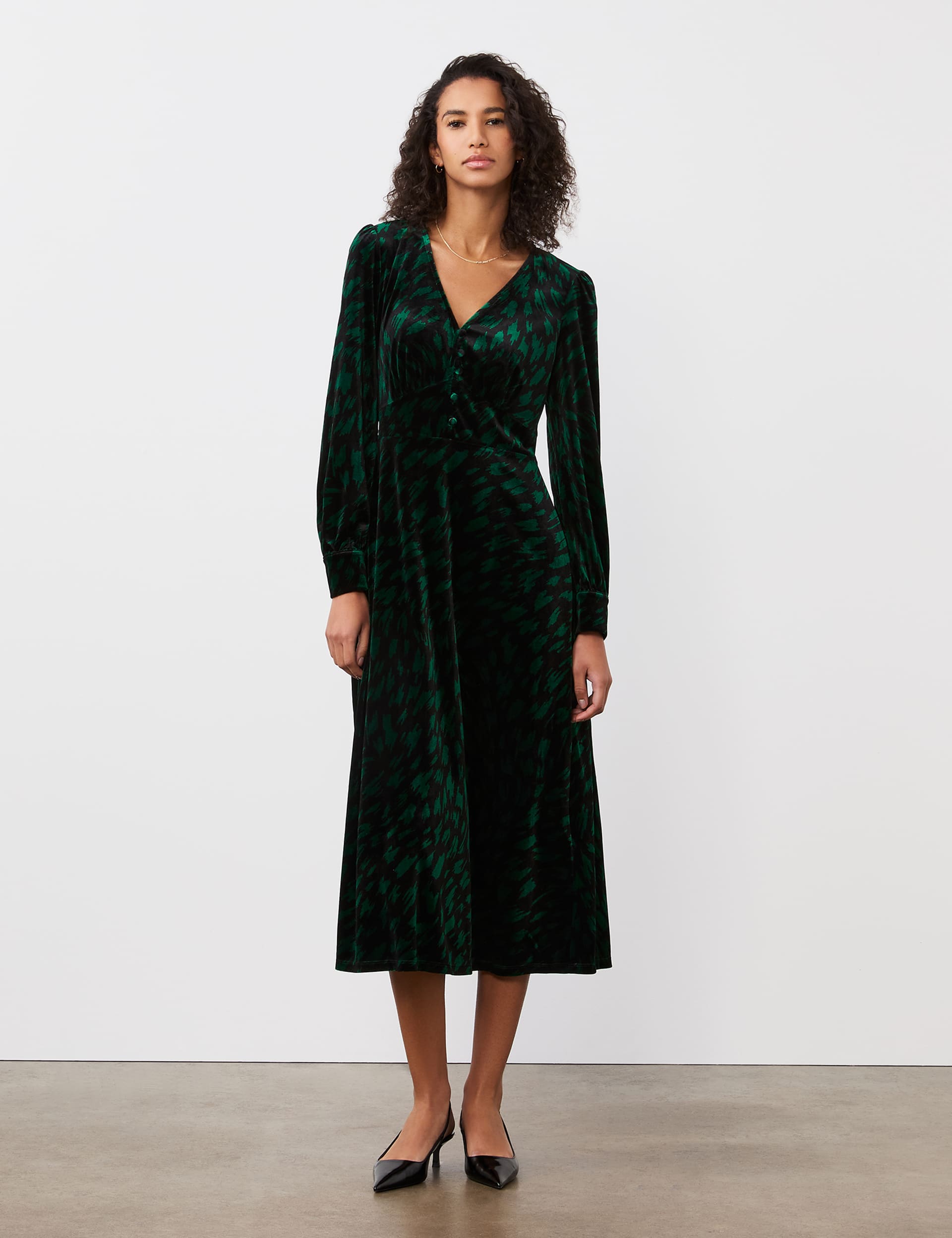 Finery London Women's Velvet Animal Print V-Neck Midi Dress - 12 - Green Mix, Green Mix