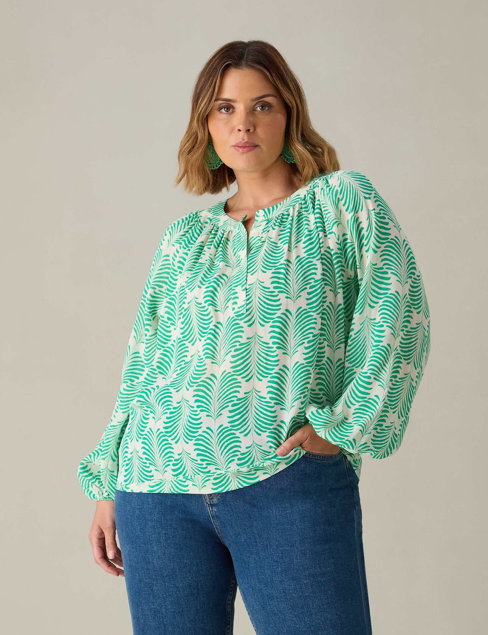 Live Unlimited London Women's Printed Round Neck Blouson Sleeve Blouse - 18 - Green Mix, Green Mix