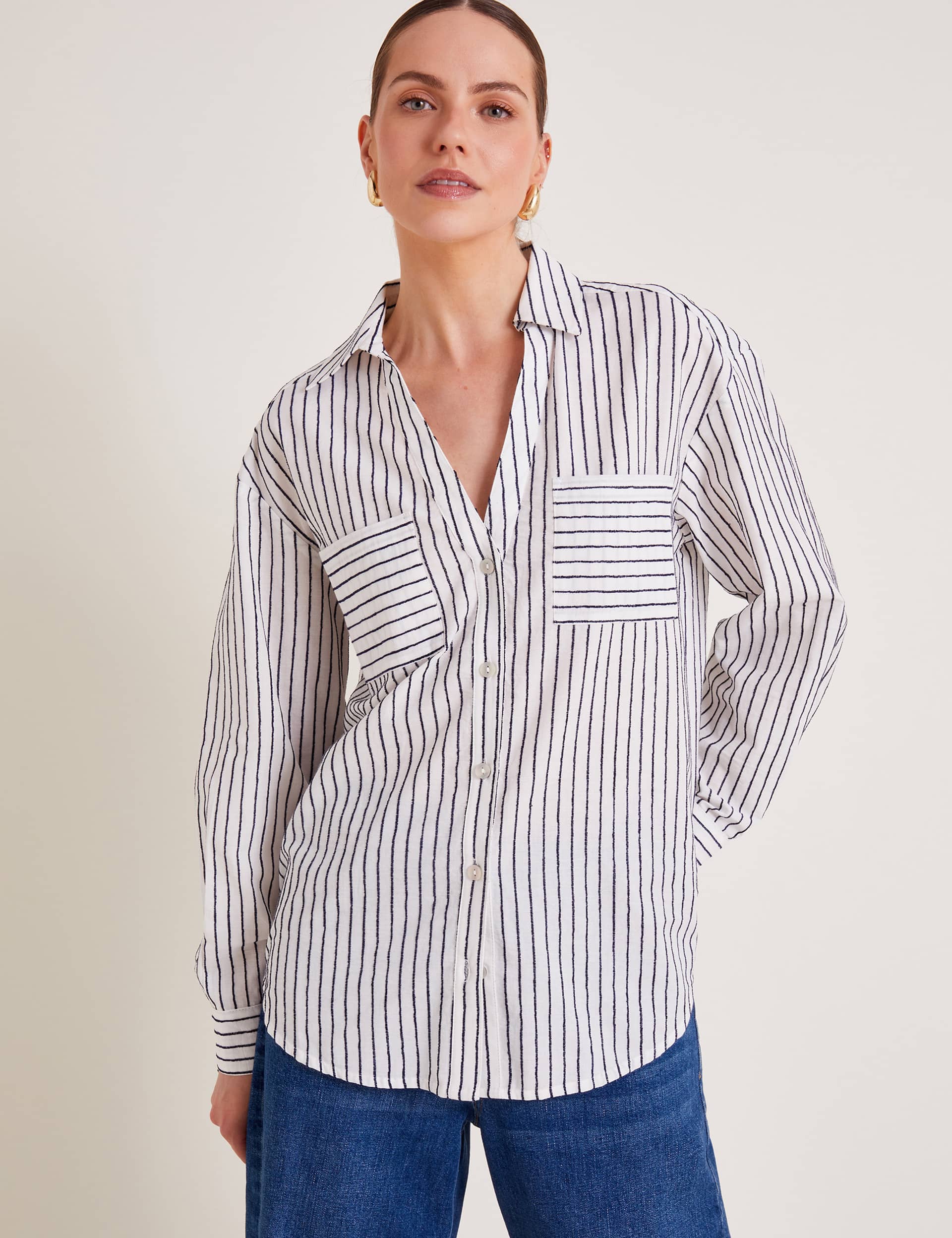 Monsoon Women's Pure Cotton Striped Shirt - L - Ivory Mix, Ivory Mix