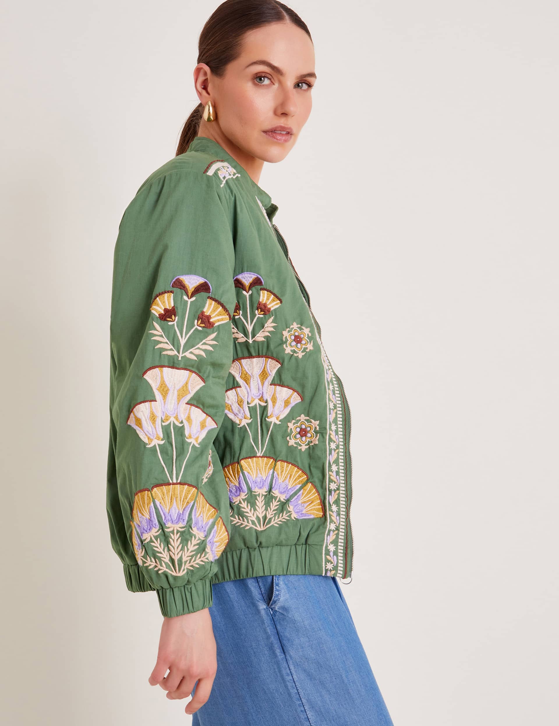 Monsoon Women's Pure Cotton Embroidered Bomber Jacket - S - Green Mix, Green Mix