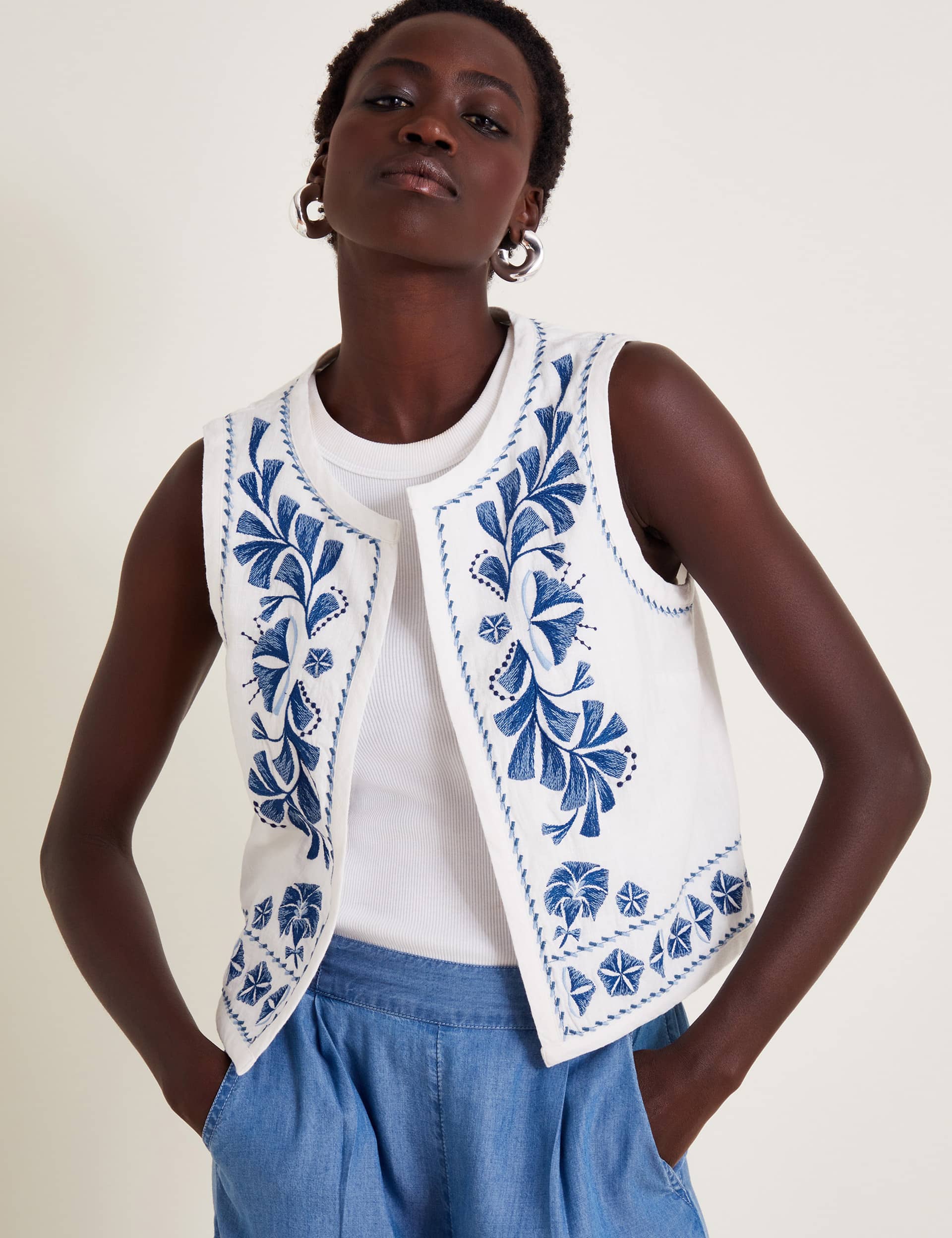 Monsoon Women's Pure Cotton Embroidered Waistcoat - XXL - White Mix, White Mix