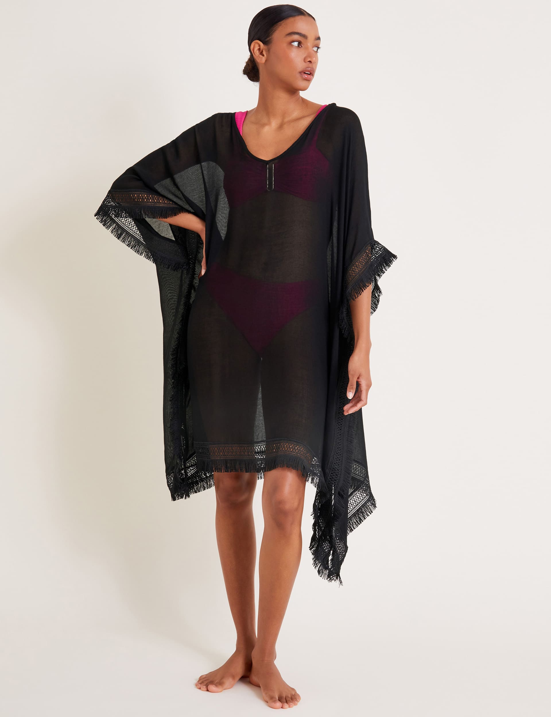 Monsoon Women's Sheer Fringed Beach Poncho - Black, Black