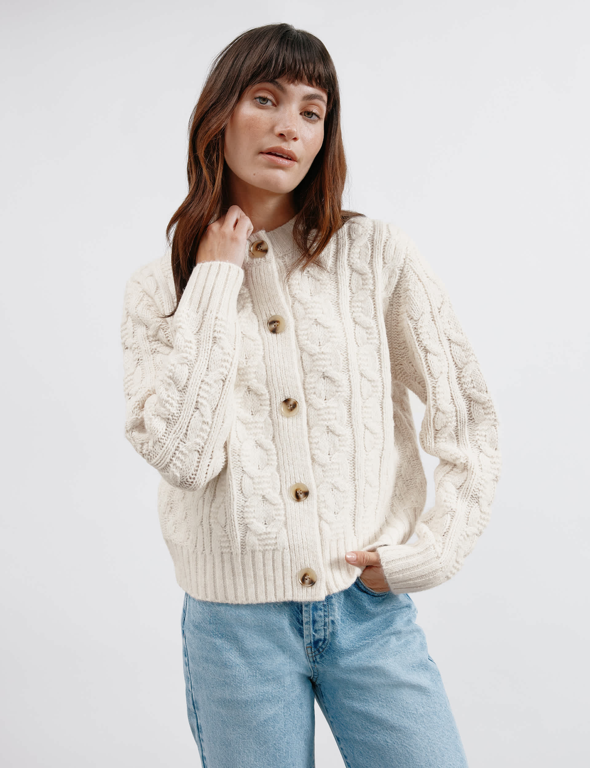 Albaray Women's Cable Knit Crew Neck Cardigan - 10 - Cream, Cream