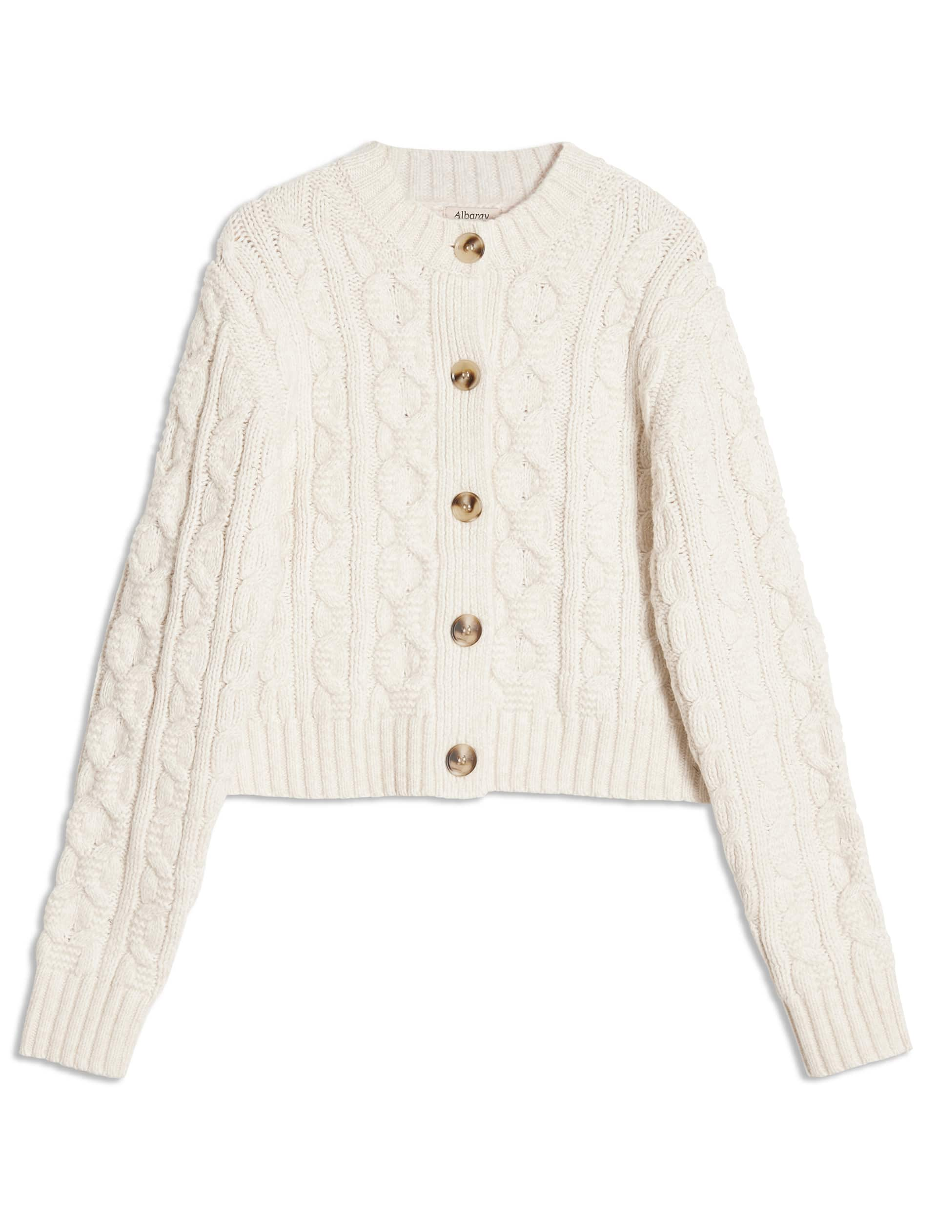 Albaray Women's Cable Knit Crew Neck Cardigan - 12 - Cream, Cream