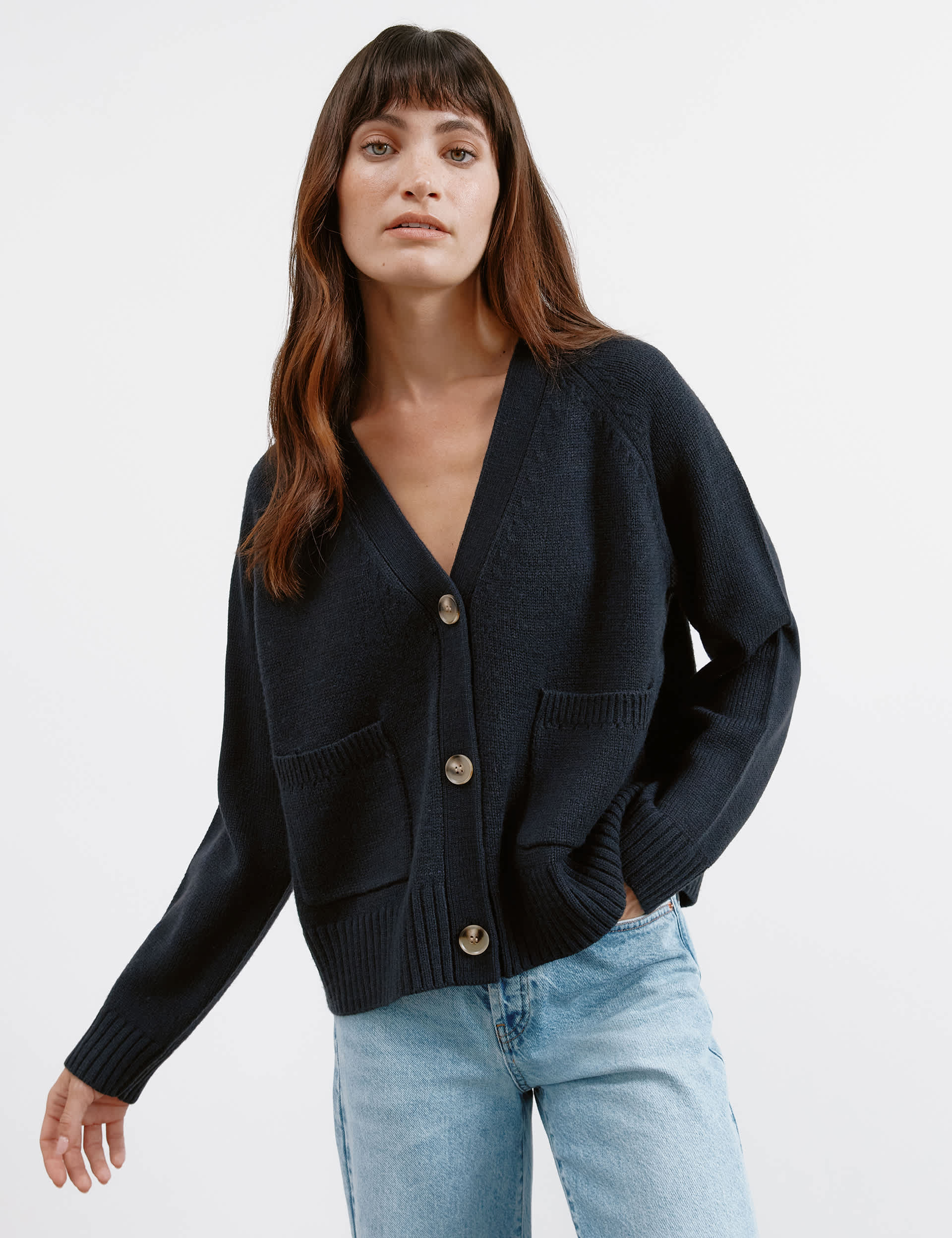 Albaray Women's Relaxed V-Neck Cardigan with Wool - 18 - Navy, Navy