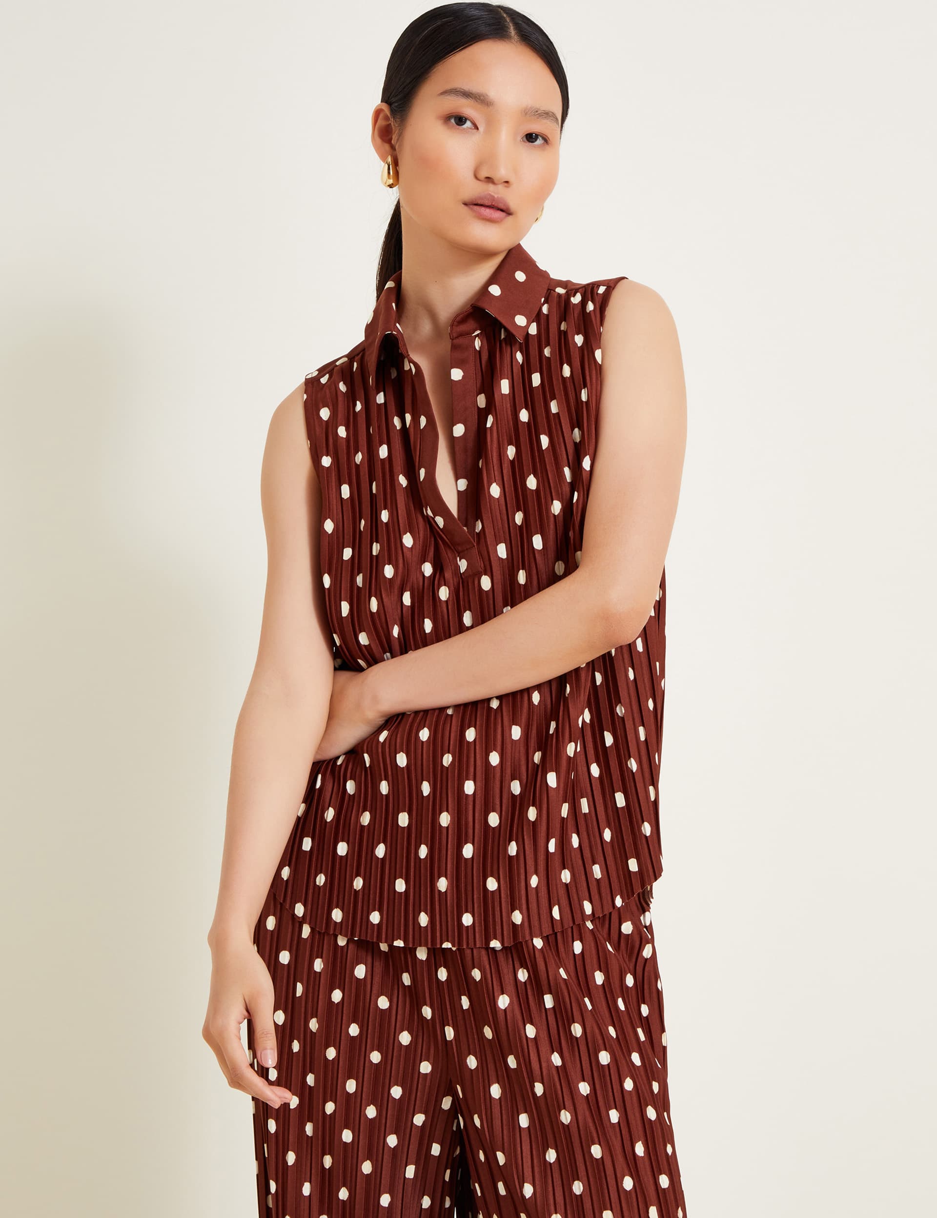 Monsoon Women's Polka Dot Plisse Top - M - Brown Mix, Brown Mix