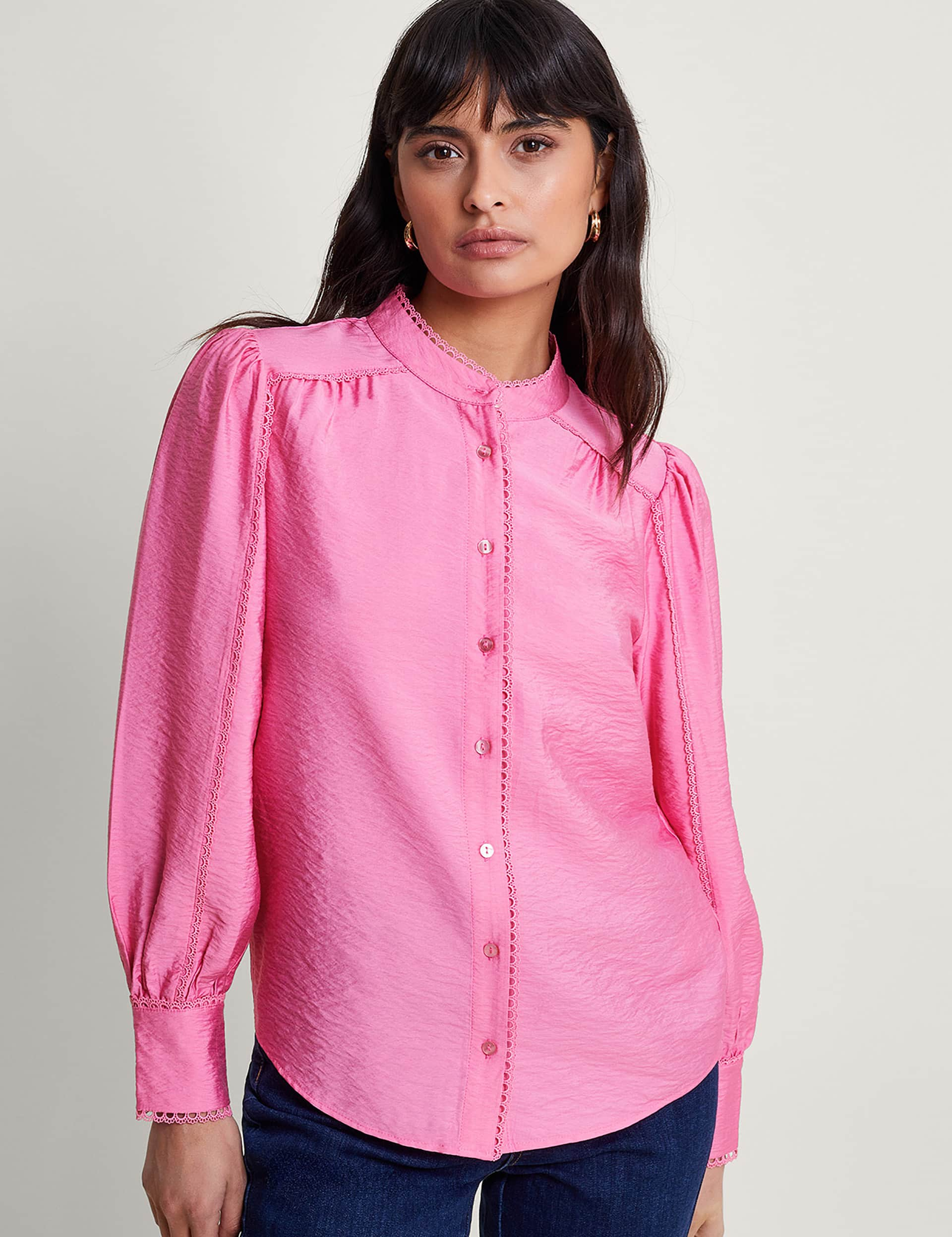 Monsoon Women's Collared Lace Detail Button Through Blouse - Pink, Pink