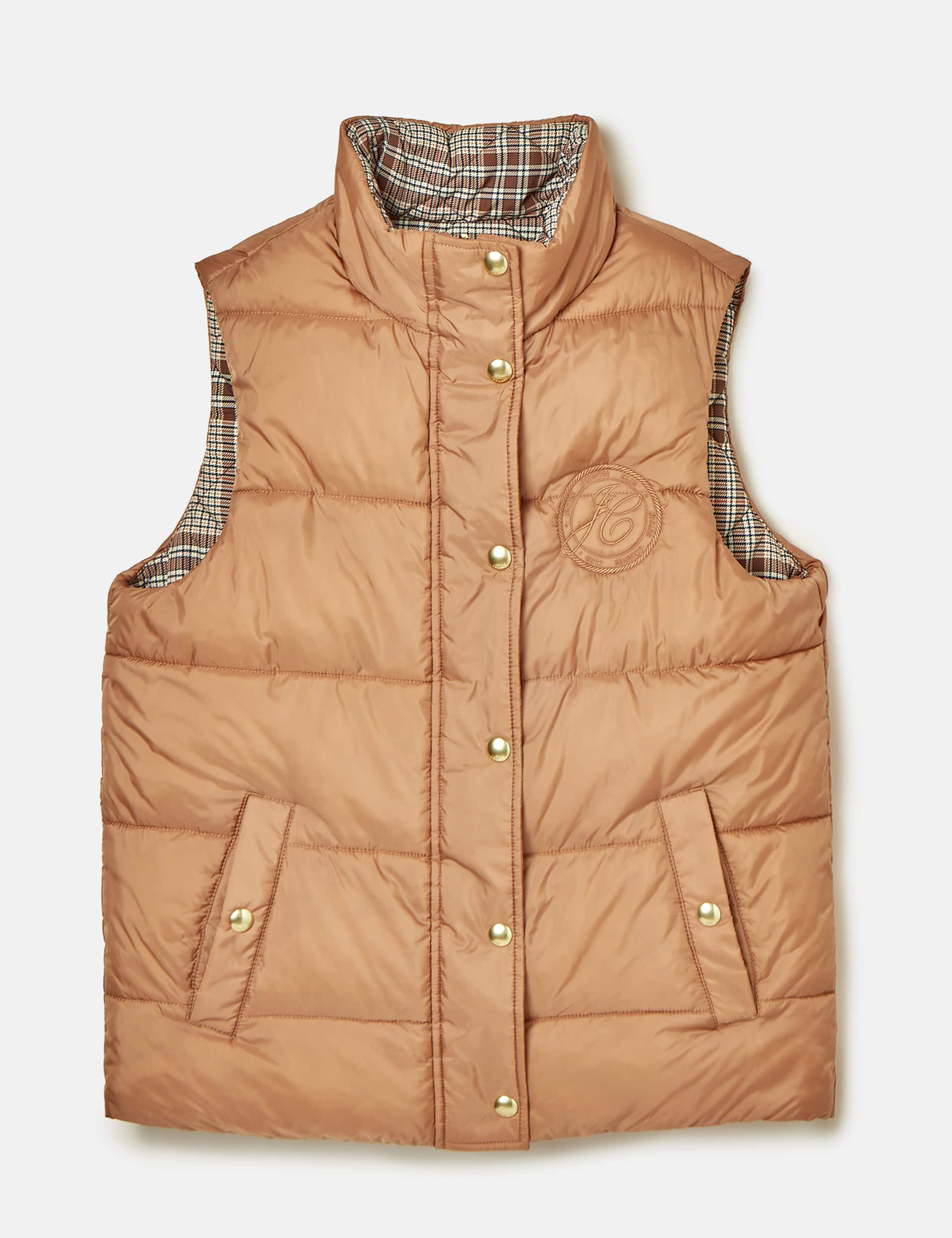 Joules Women's Checked Padded Funnel Neck Reversible Gilet - 22 - Brown Mix, Brown Mix