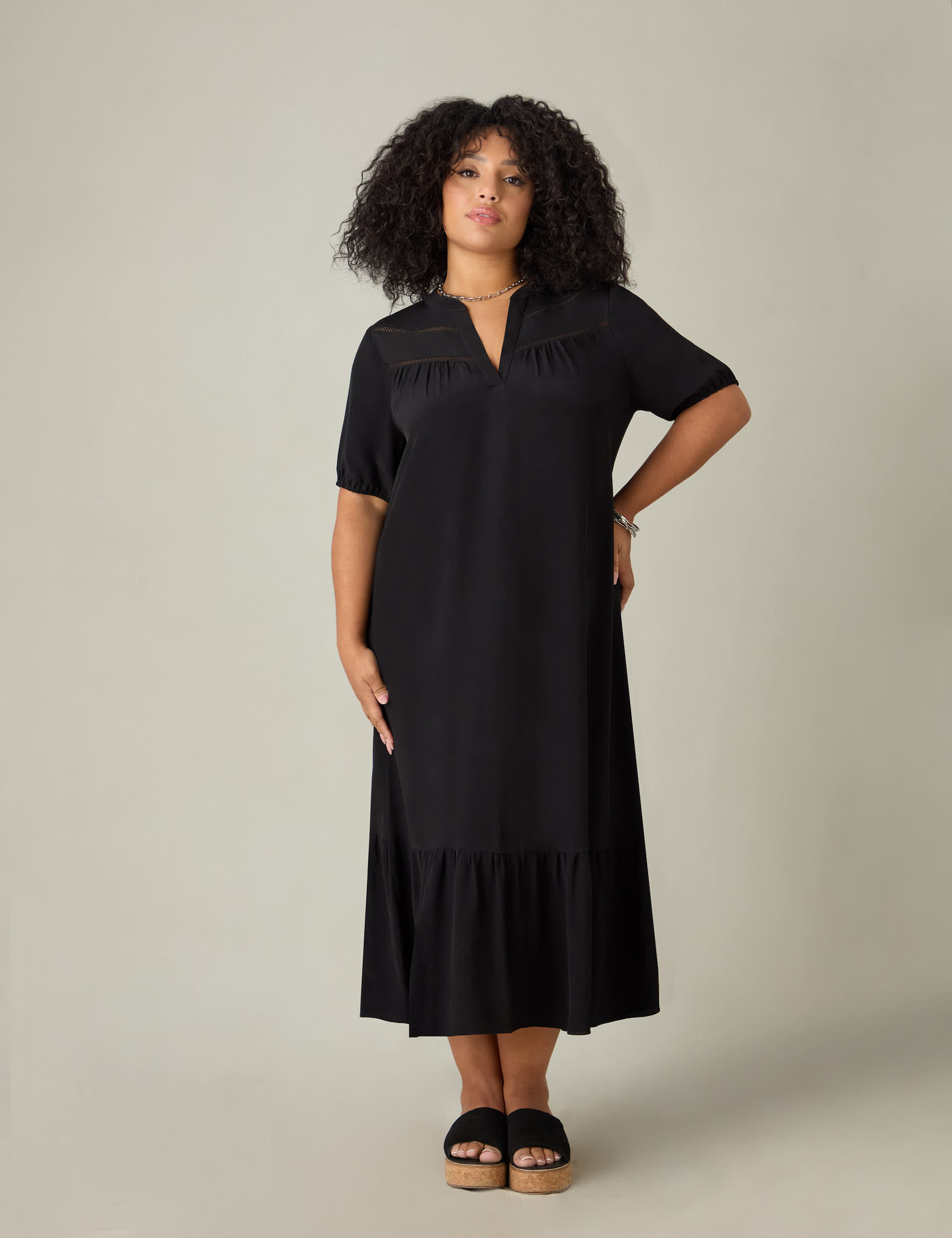 Live Unlimited London Women's V-Neck Lace Insert Midi Tiered Dress