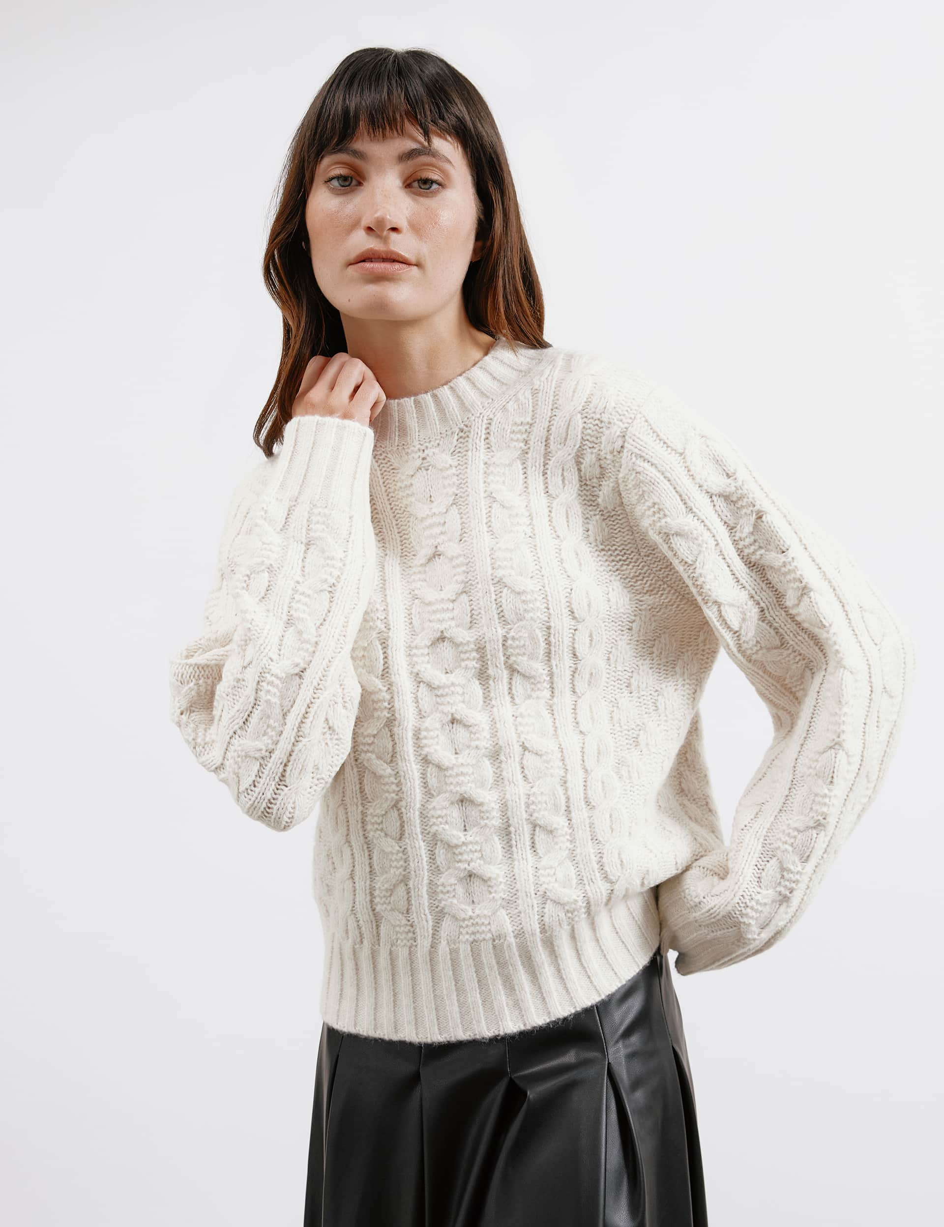 Albaray Women's Cable Knit Crew Neck Jumper - 12 - Cream, Cream